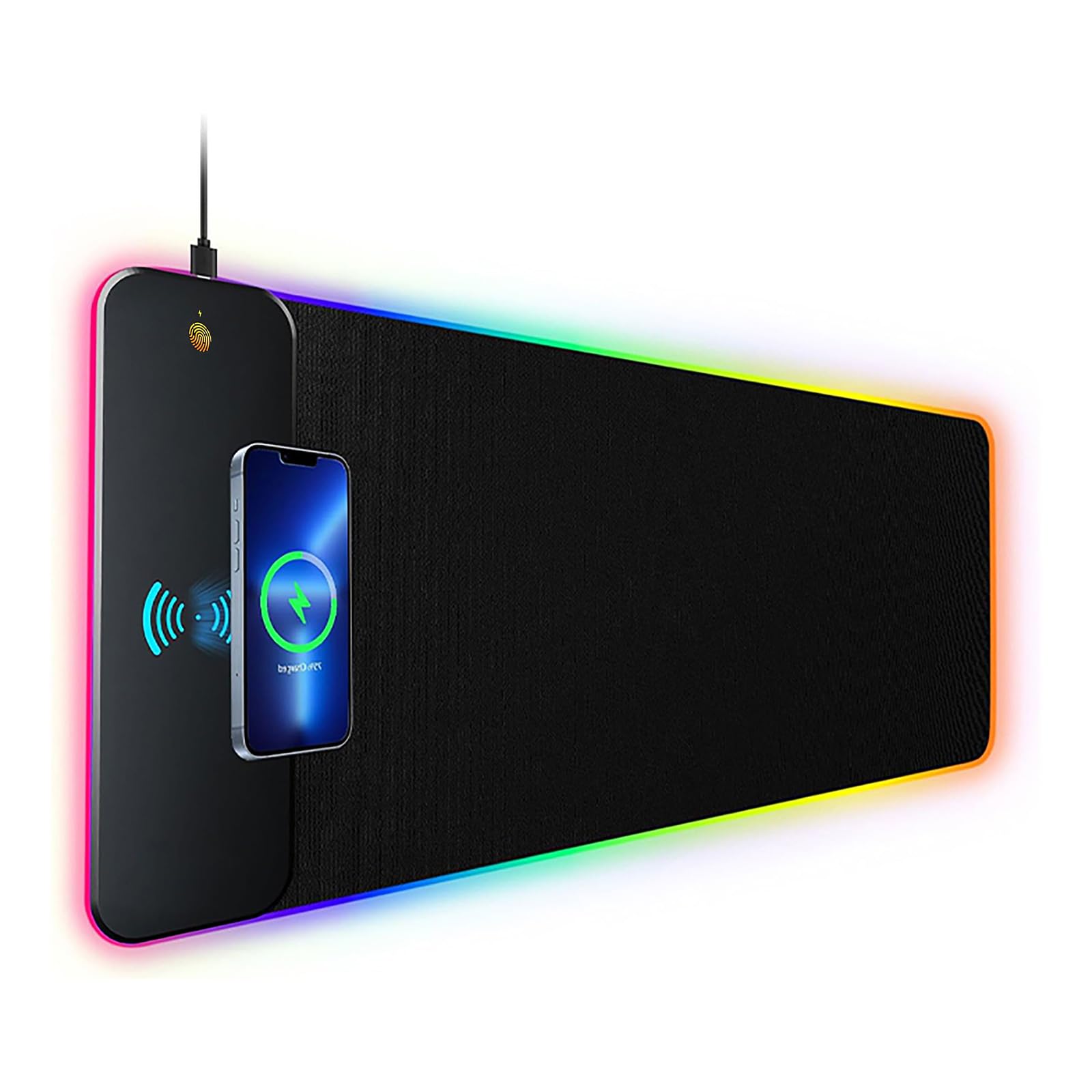 Alfombrilla de ratón RGB XXL con carga inalámbrica Qi de 15 W, 800 x 300 mm, impermeable, antideslizante, iluminación LED multicolor para juegos y oficina en casa, color negro