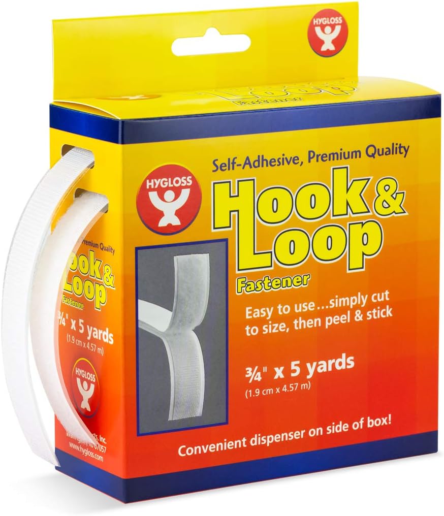 Hygloss Products Self Adhesive Strips - 15 Feet x 3/4 Inch Hook and Loop Fastener Sticky Back Tape With Dispenser, White