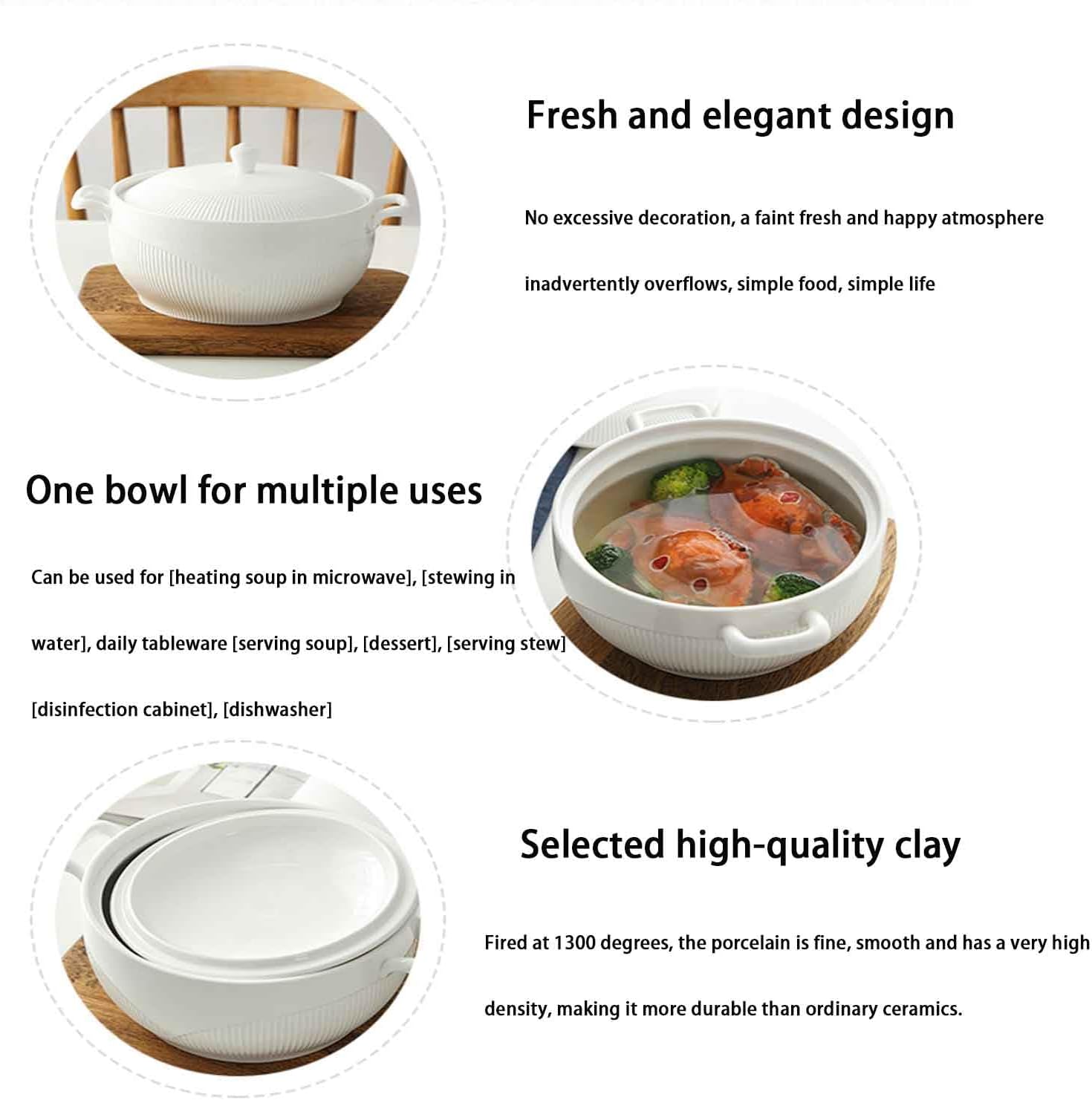Ceramic Soup Tureen with White Porcelain Lid - Round Serving Bowl for Restaurant, Home Kitchen Decoration - Microwave and Dishwasher Safe, Glass LidWhite,1.5L
