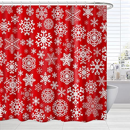 Broshan Christmas Red Shower Curtain, Christmas Holiday Shower Curtains For Bathroom, Xmas Winter Snowflakes Shower Curtain With Hooks #TOP2