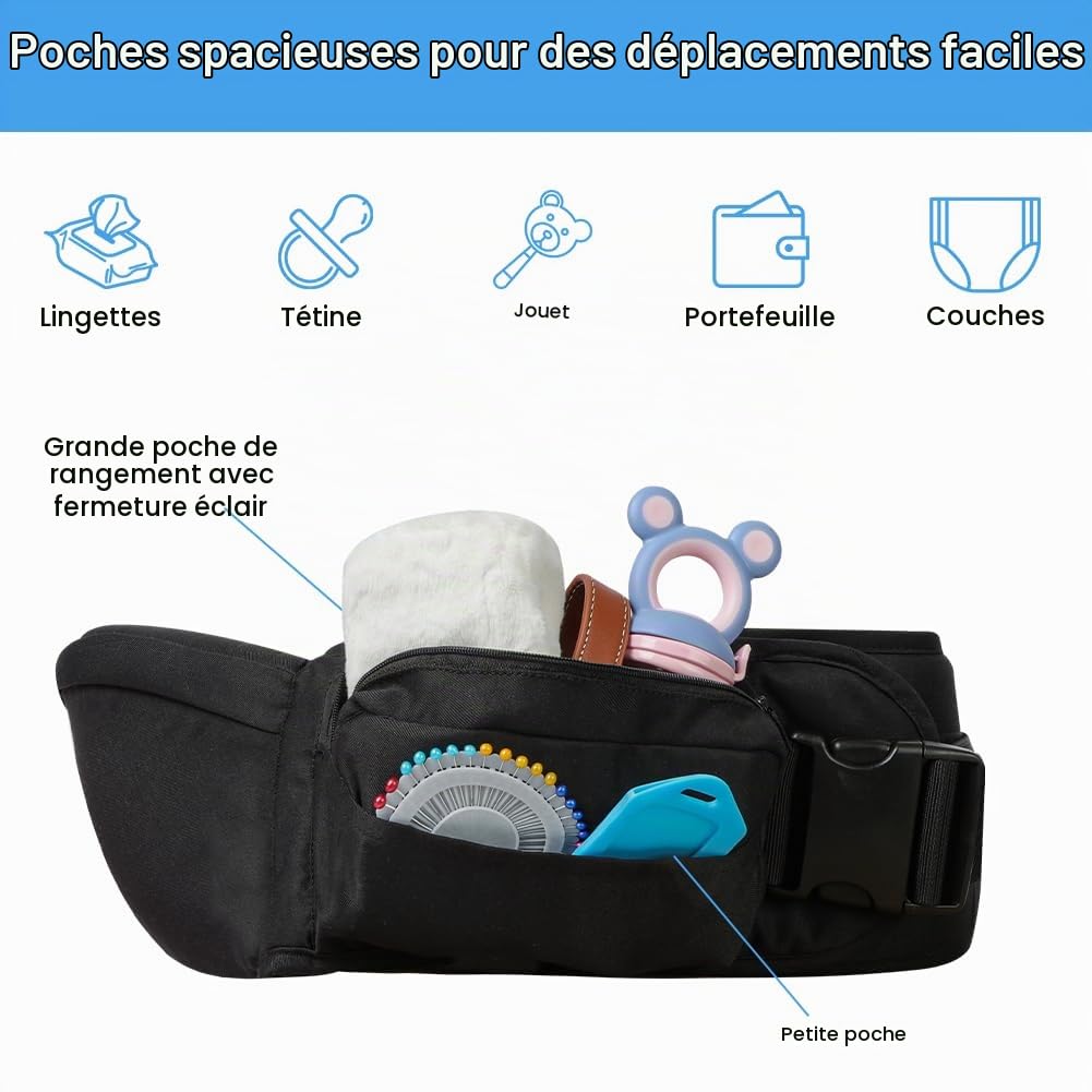 HOTUT Porte Bébé Ventral, Porte-bébé Siège, Ergonomique Tabouret Siège de Hanche, Siège de Hanche Multifonction pour Bébé de 3 à 36 Mois, Taille Réglable, Toutes Saisons-Noir