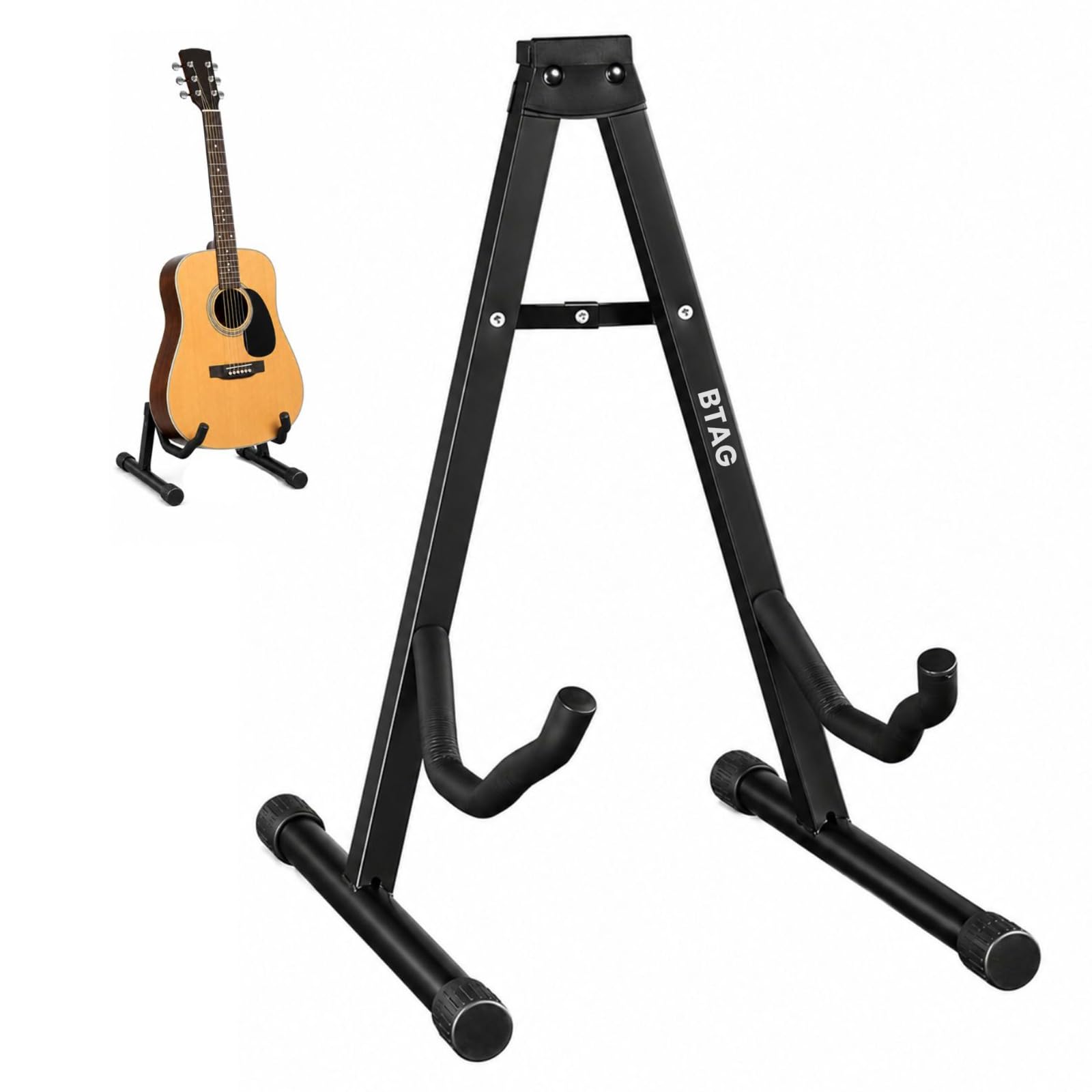 Btag Foldable A-Frame Guitar Stand for Acoustic, Electric & Bass Guitars | Heavy-Duty Metal Build with Anti-Slip Rubber Padding | Portable, Stable & Compact Guitar Holder (Black)