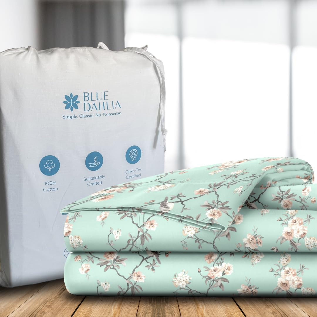 Blue Dahlia 100% Cotton, King Size/Double, Bedsheet (108" x 108") + 2 Pillow Covers, Silky Smooth Feel, 300TC Printed Premium Bedsheet, Cherry Blossom Green-image-46