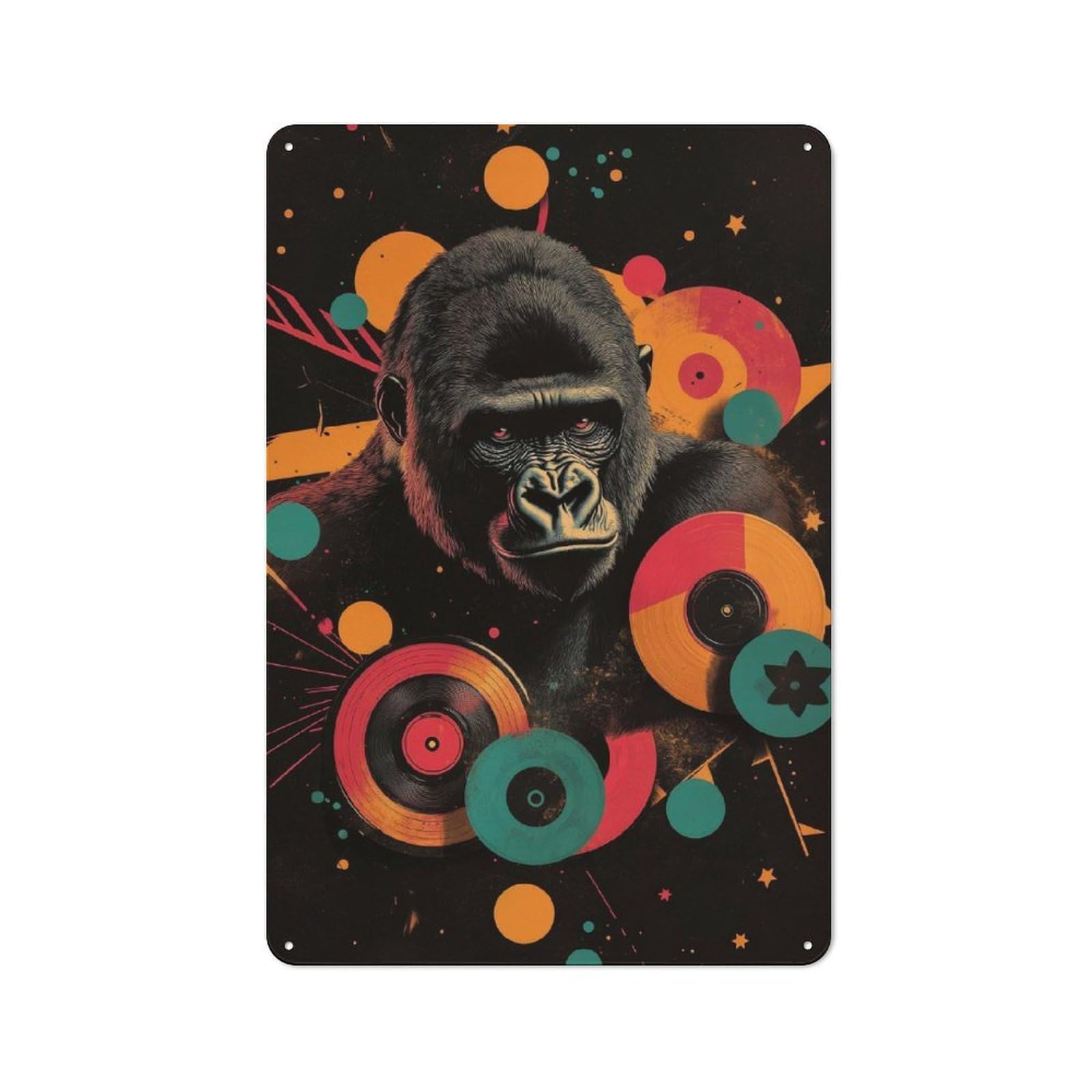 Junmoney Gorilla With Records Digital Art Gorilla Urb An Jungle Rustic Metal Sign 30X20cm For Hobby Room Or Studio, For Kitchen, Dining Room And Home Bar Wall Decor