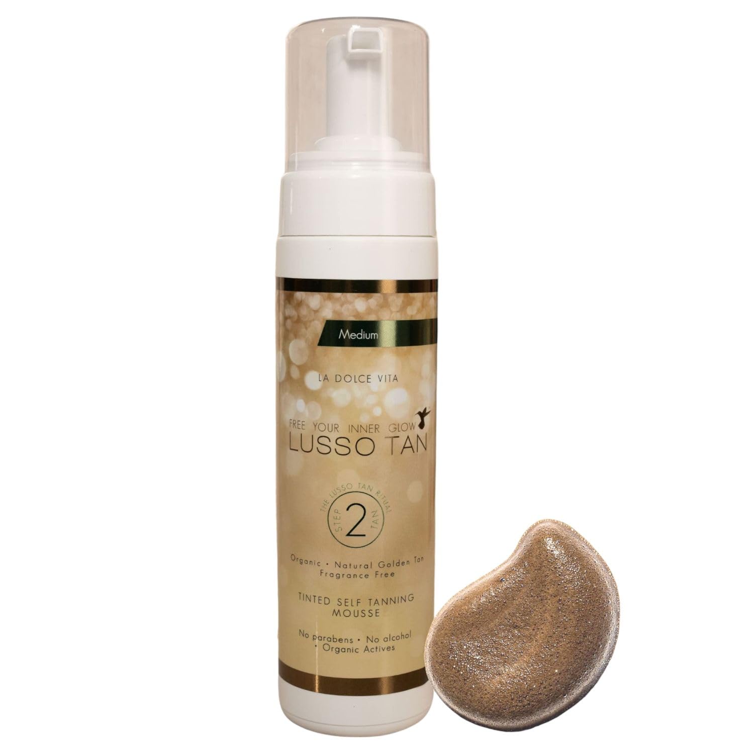 Professional Medium Self Tanning Mousse - By Lusso Tan. Organic, Vegan, Cruelty-Free False Tan. Instant-drying. Streak-free, Flawless Finish Fake Tan. Natural Glow Face and Body Tint.