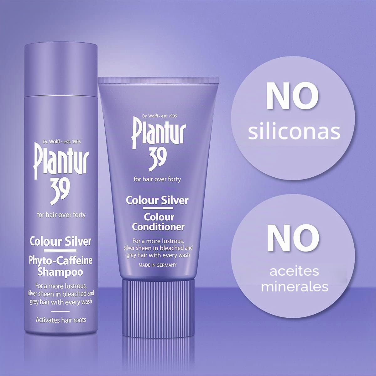 Plantur 39 Juego de champú y acondicionador morado | Brillo plateado mejorado para cabello decolorado y gris | Previene y reduce la pérdida de cabello y apoya el crecimiento del cabello | 1 champú de