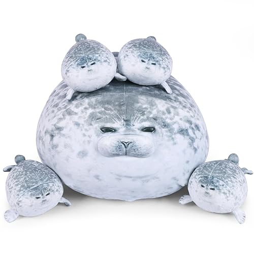 ETAOLINE Chubby Blob Seal Pillow Cute Seal Plush Toy Cotton Stuffed Animals with 4 Baby Seal Plushies - Large 1