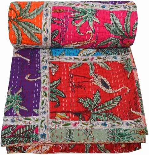 Miniatura 10 de V Vedant Designs Colcha de algodón reversible con estampado floral indio Kantha con estampado de animales, tamaño TwinQueenKing, Vintage Kantha