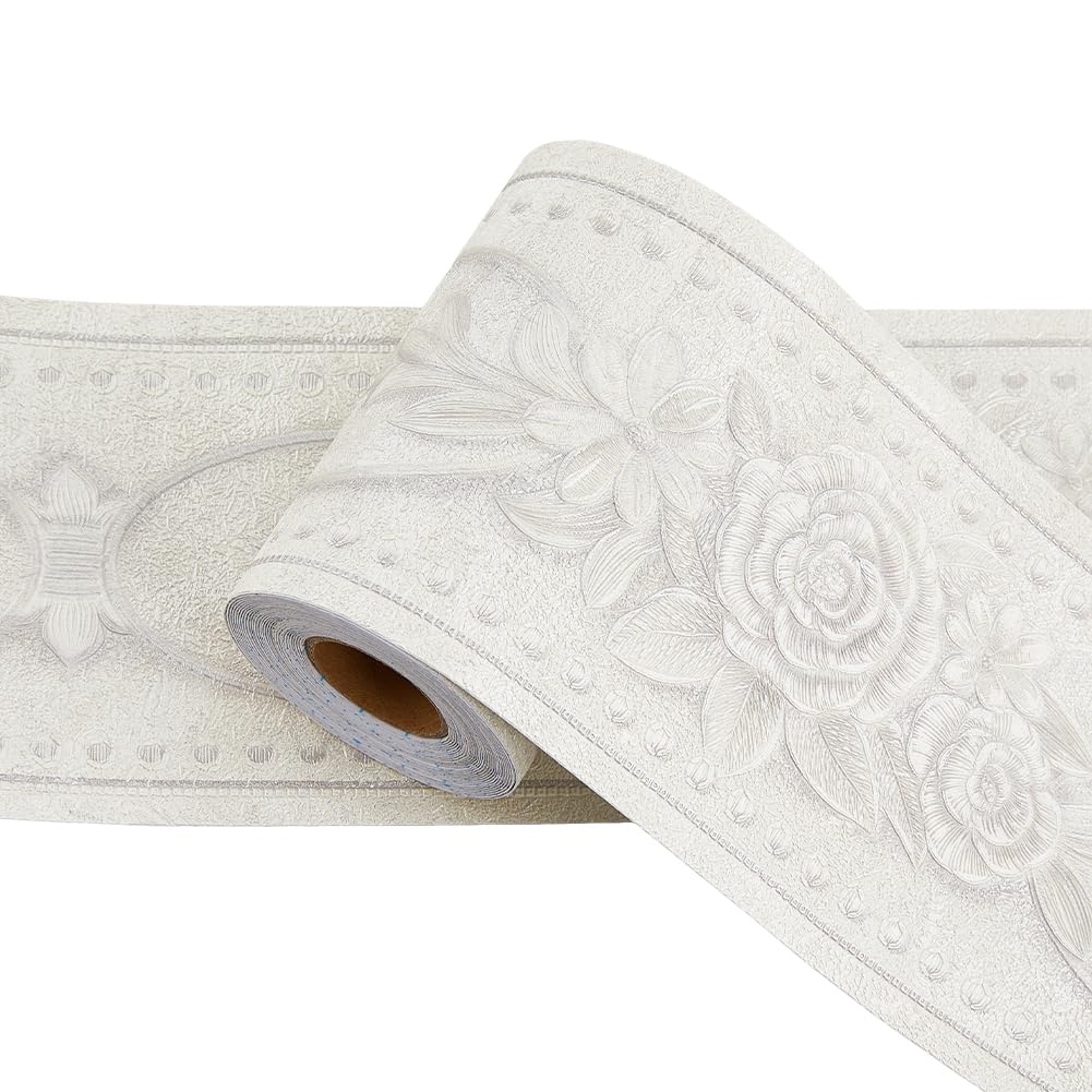 SUPERFINDINGS 2 Rolls 3D Self-Adhesive Champagne White Vintage Patterns Wall Edging Flexible Peel and Stick Baseboard Molding 3D Wall Edging Lines Base for DIY Decoration,5m/roll