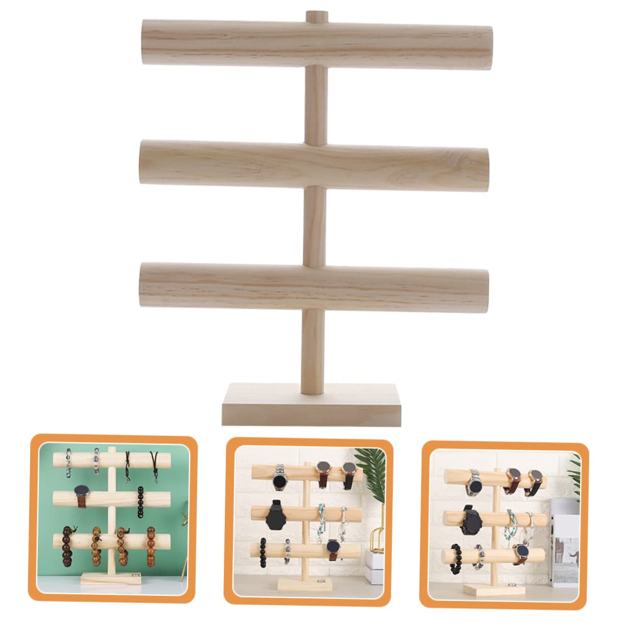 BESPORTBLE Espositore Gioielli Legno Massello Tre Porta Bracciali Orologi e Collane Organizer da Tavolo con Base Antiscivolo per Casa e Negozio
