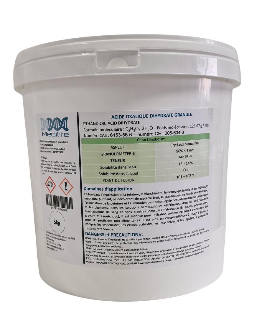5kg ACIDE OXALIQUE DIHYDRATE - Sel d'oseille - Eclaircit le bois - Elimine la rouille - Désoxyde les métaux - Remet à neuf