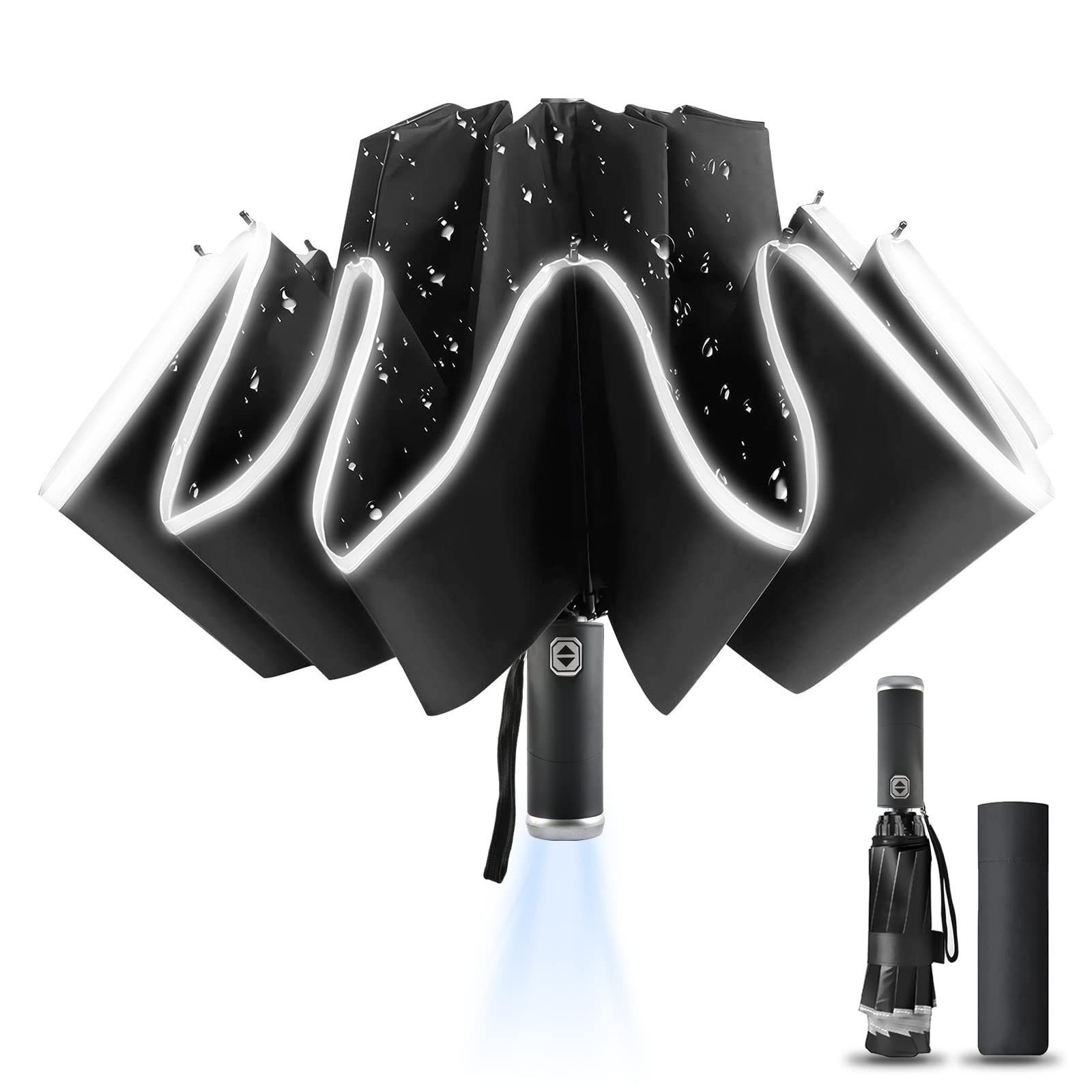 Windproof Travel Umbrella, Automatic Folding Umbrella - Compact, 10 Ribs, LED, Reflective Stripe
