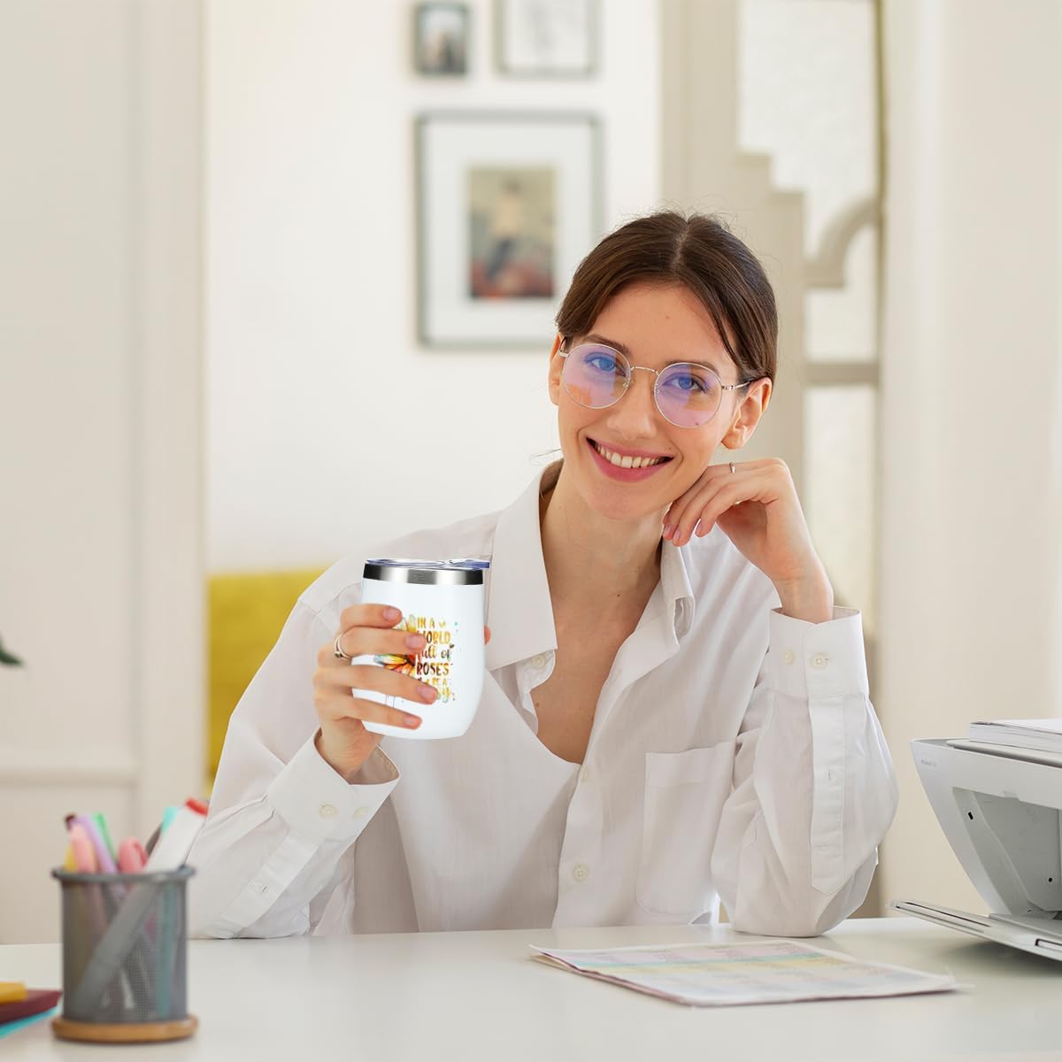 Watercolor Daisy Wine Tumbler, 12 oz Tumbler with Lid, Straw Insulated Wine Glass Stainless Steel Travel Coffee Mug,Inspirational Daisy Decor Gifts for Women Girlfriend Bestie Christmas Halloween - Image 5