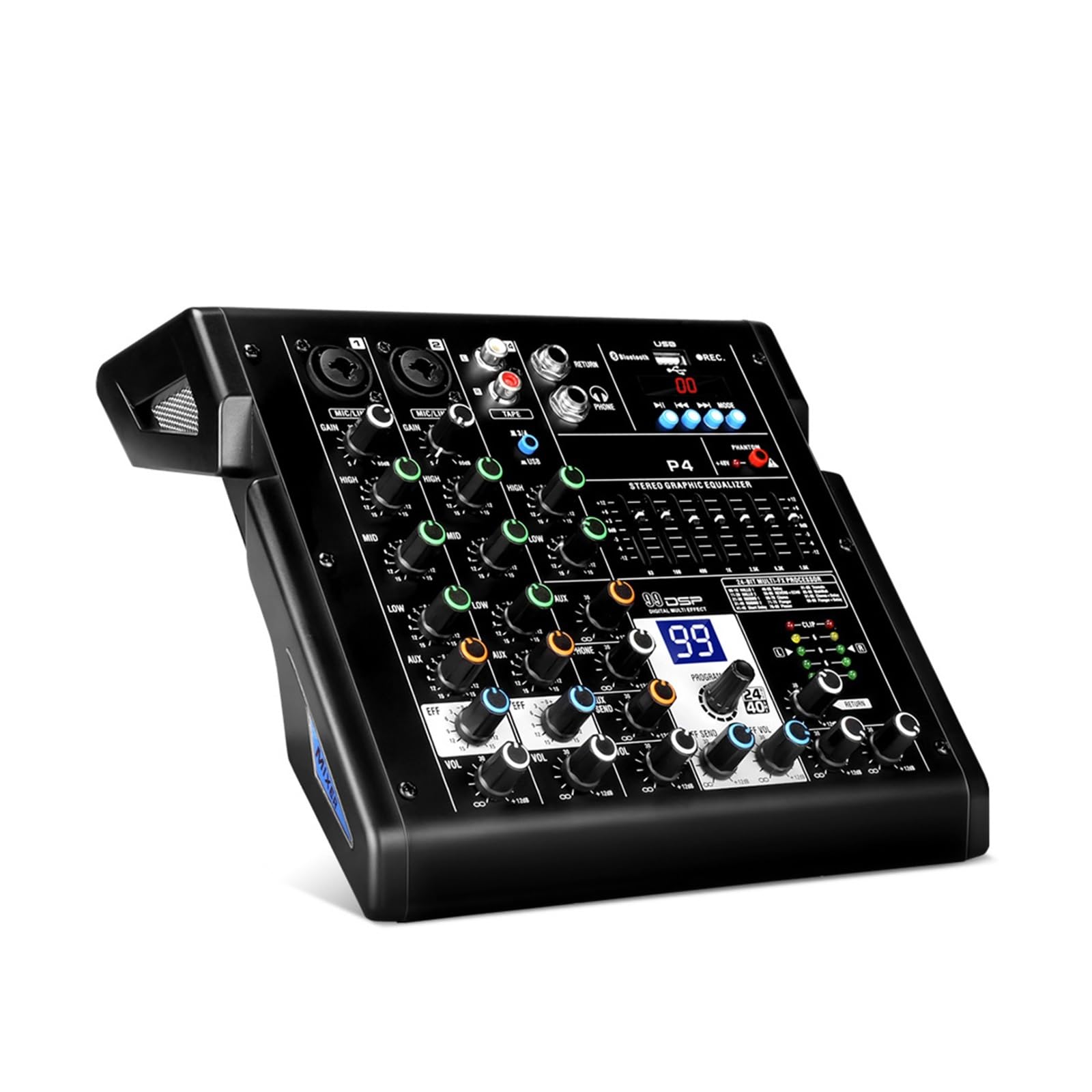 Mixer per DJ, Mixer Professionale P4 Equalizzazione 4 Canali 99 DSP USB/Bluetooth 3, Console Mixer con Monitoraggio in Tempo Reale