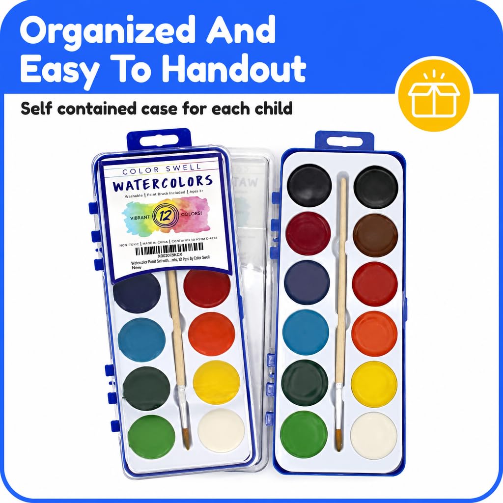 Aquarellfarben-Set mit Holzpinseln, 12 waschbare Farben mit 25 % mehr Farbe, 36 Stück