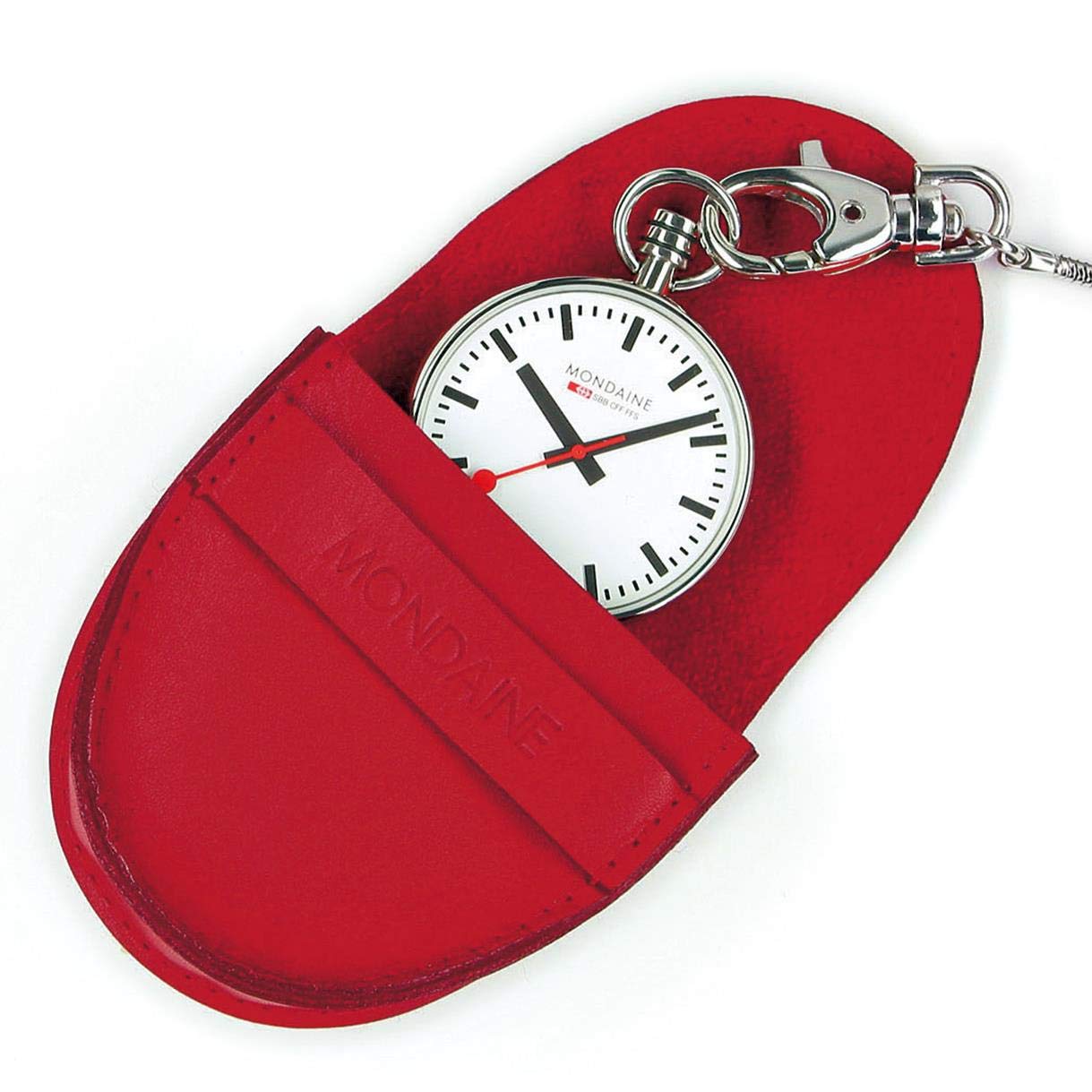 Mondaine - Taschenuhr A660.30316.11SBB 43mm - Bahnhofsuhr Taschenuhr mit Kette rotem Sekundenzeiger - Hergestellt in der Schweiz aus poliertem Edelstahl staubbeständig