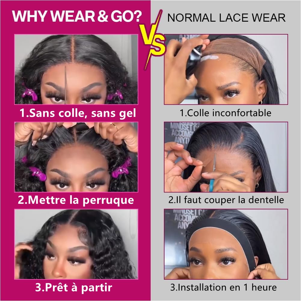 Perruque Cheveux Humain Deep Wave Glueless Bob Wig Human Hair 12 Pouces 5x5 HD Lace Front Curly Wigs Pre Plucked Pre Cut Densité 180 Perruques Bouclées Femmes Humide et Ondulé Noir Naturel