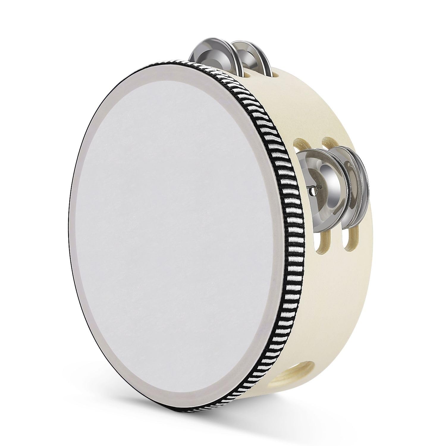 Flexzion Wood Handheld Tambourine Adults 6-Inch Double Row 8-Pair Jingles (Wood) - Percussion Round Tamborines Musical Instrument with Metal Zills
