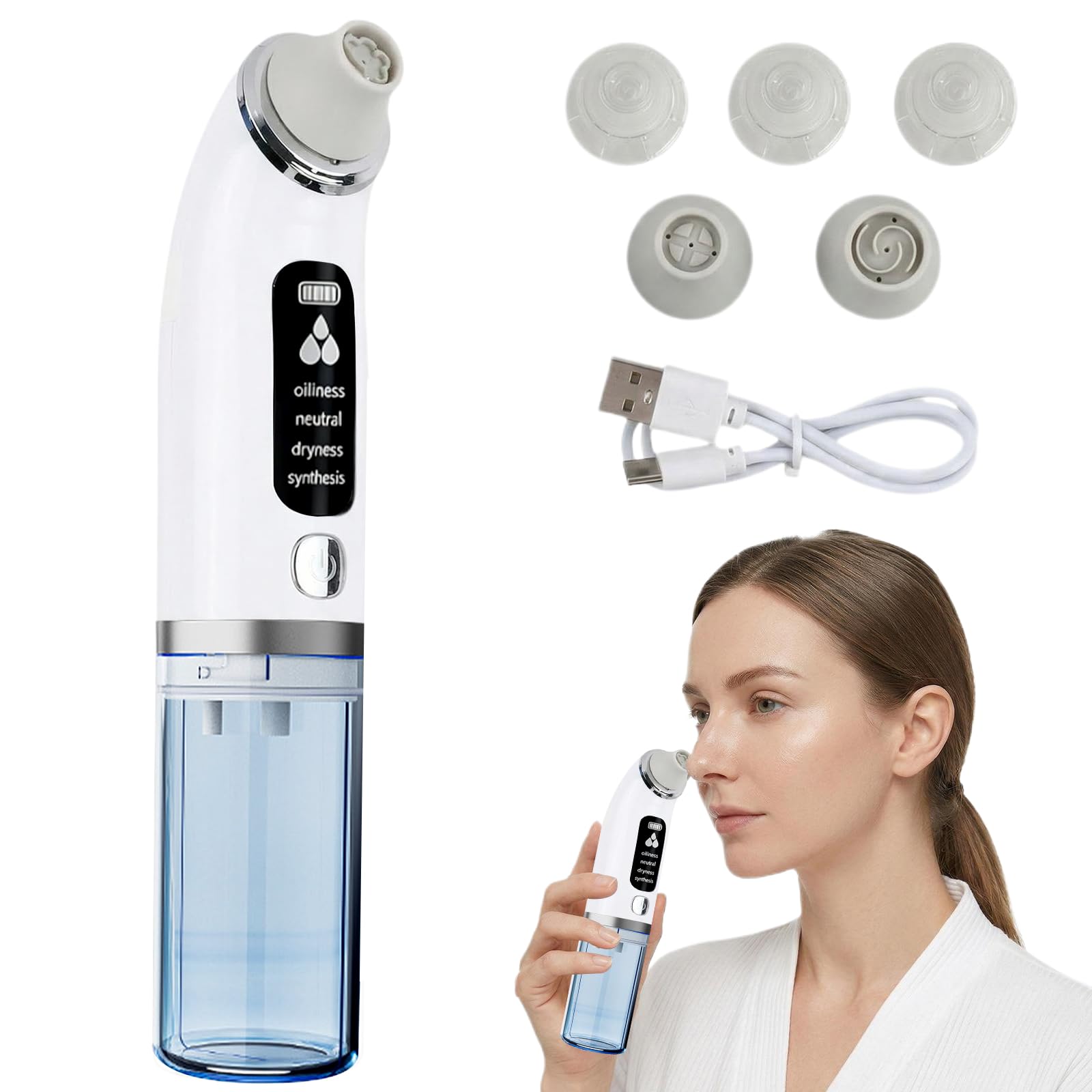 Aspiratore Punti Neri Professionale Ricaricabile, Rimozione Punti Neri e Pulizia Viso Profonda con 6 Testine e 4 Modalità, Aspira Punti Neri Elettrico per Donna e Uomo, Bianco