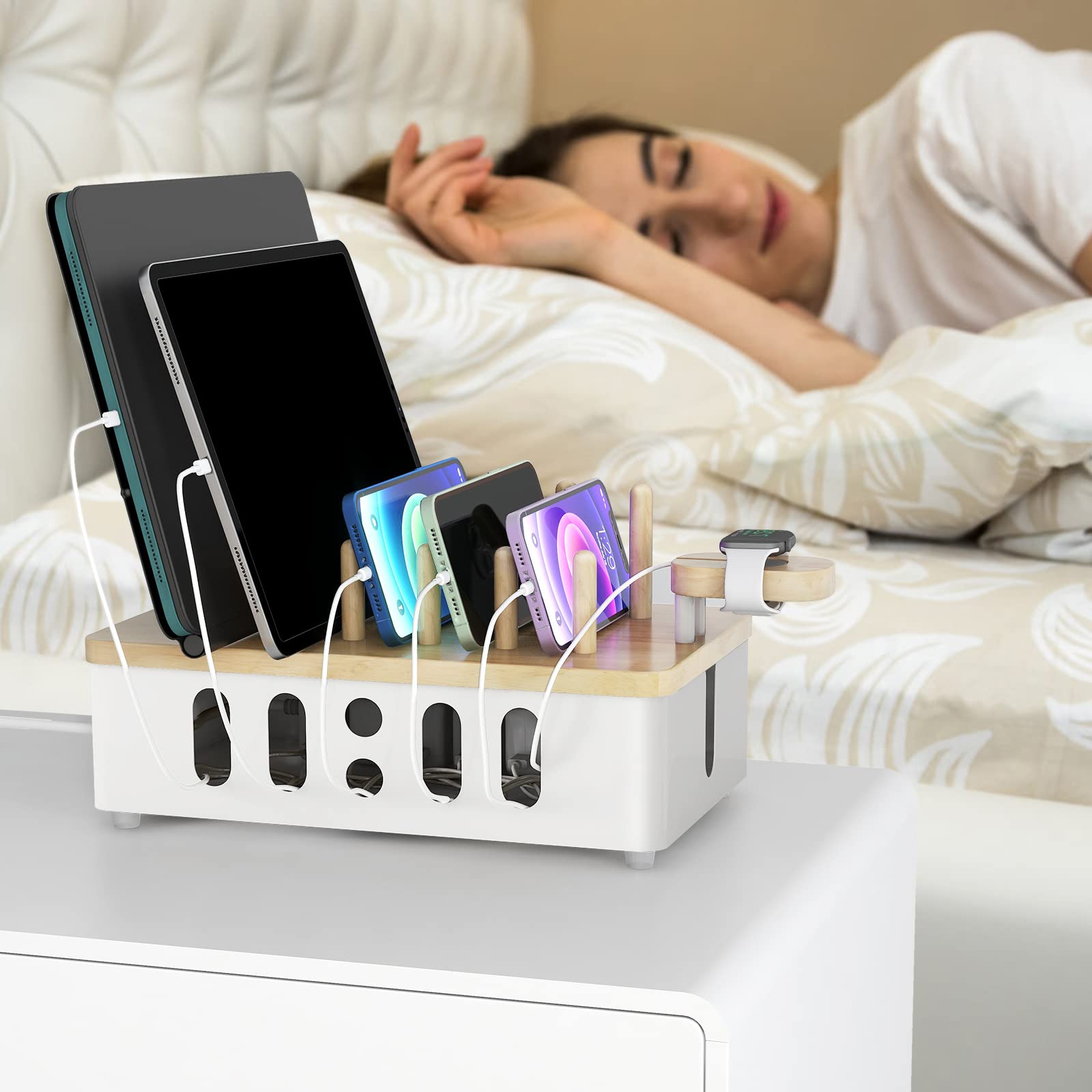 Station de charge pour plusieurs appareils Apple, nouvelle station de charge en bois pour téléphone, tablette, montre intelligente, organiseurs de bureau, organiseur de périphériques, blanc