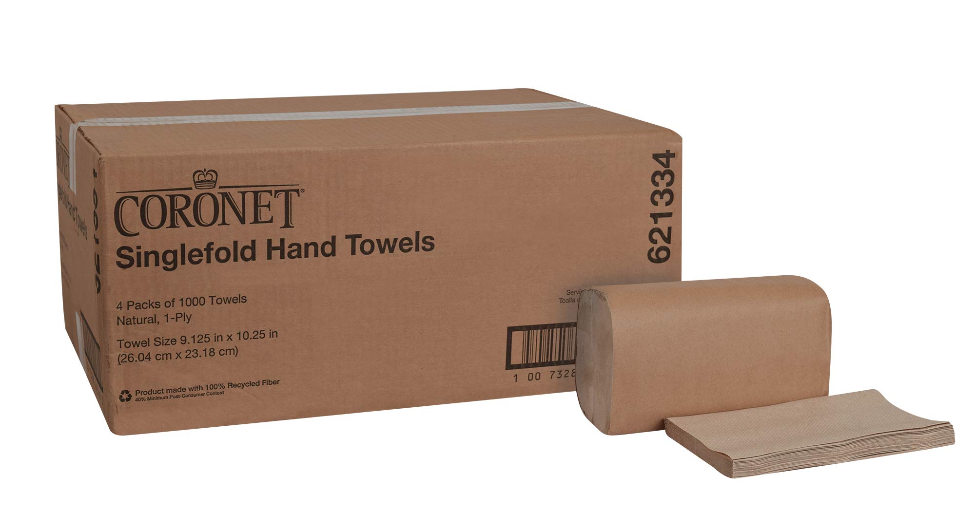 Coronet 621334 Singlefold Paper Hand Towels, 1-Ply, 10.25" Width x 9.125" Length, Natural (Case of 16 Sleeves, 250 per Sleeve, 4000 Towels per Case)