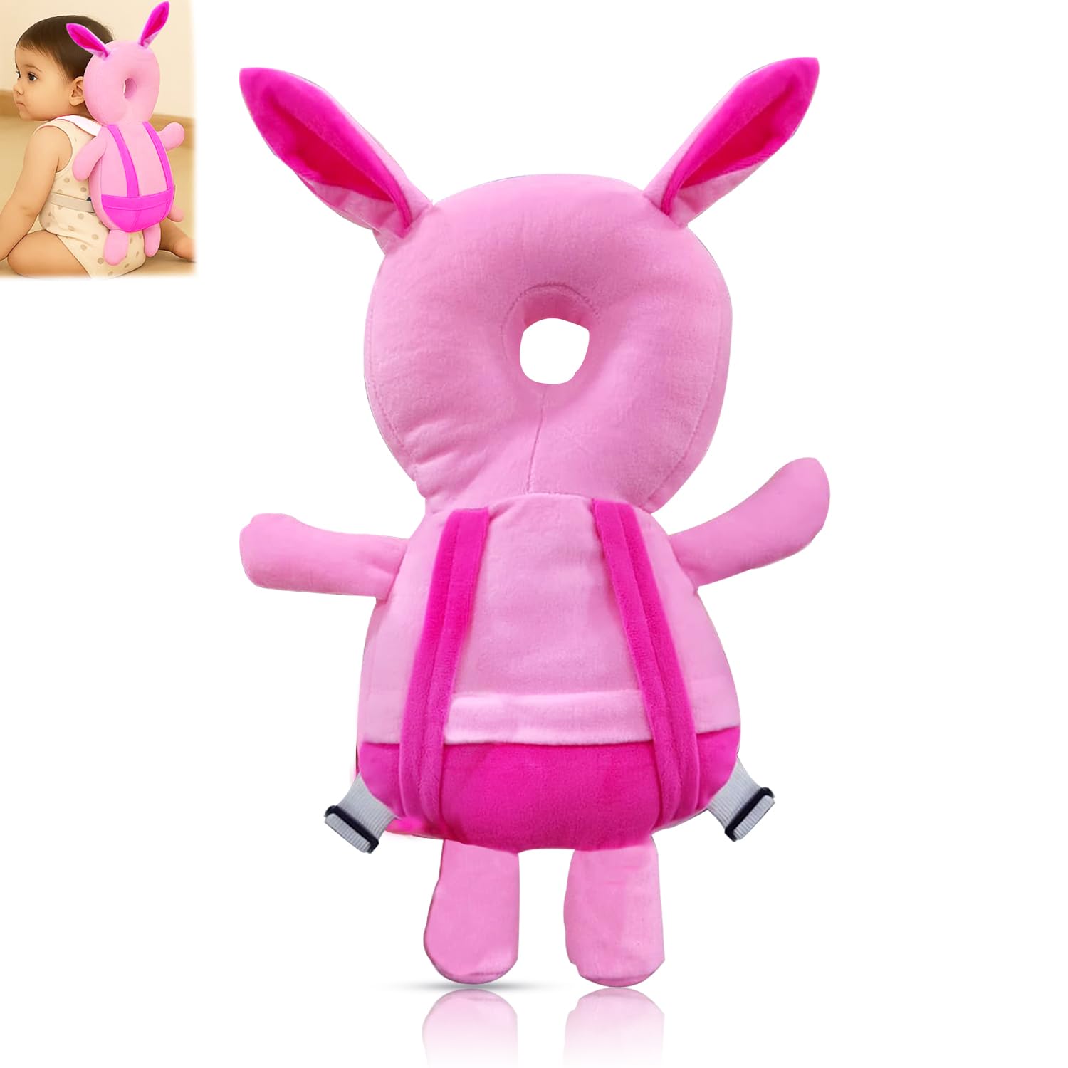 GLUN® 1 Piece Cute Bunny Rabbit Shape Soft Baby Head Protector Backpack, Cushioning, Adjustable Shoulder Belt, Head Protection for 6-15 Month Toddler Babies