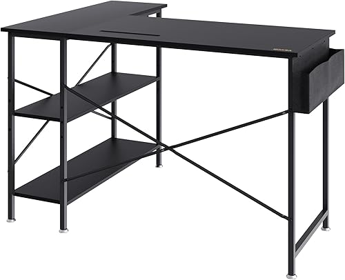 Miniatura 10 de VEVOR Escritorio de computadora en forma de L de 47 pulgadas, escritorio de esquina con estantes de almacenamiento, ranura para teléfono y gancho