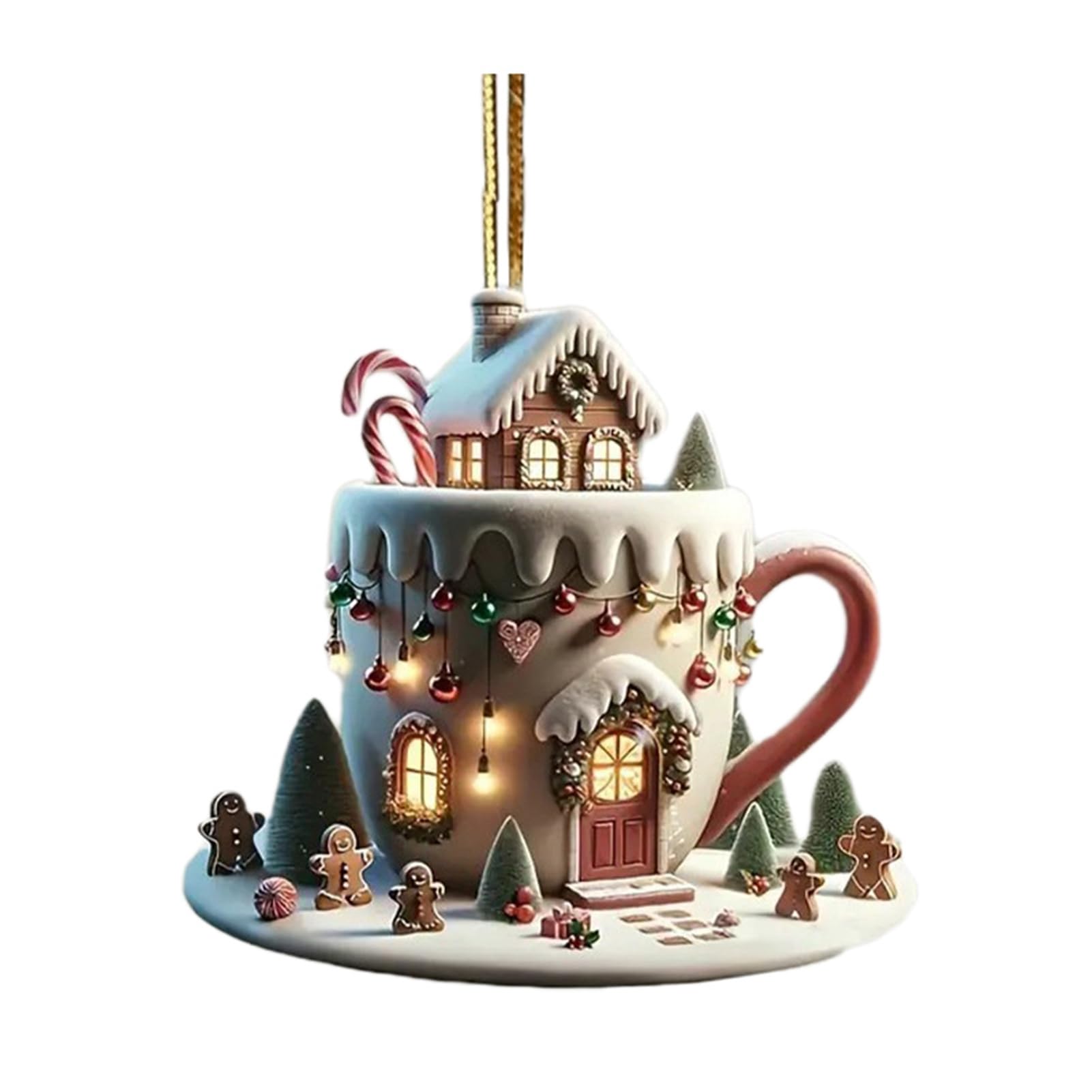pidodou Coffee Cup Christmas Tree Ornaments 2D Acrylic Winter Snow House Hot Chocolate Mug Shape Hanging Decoration for Holiday Tree Decor A