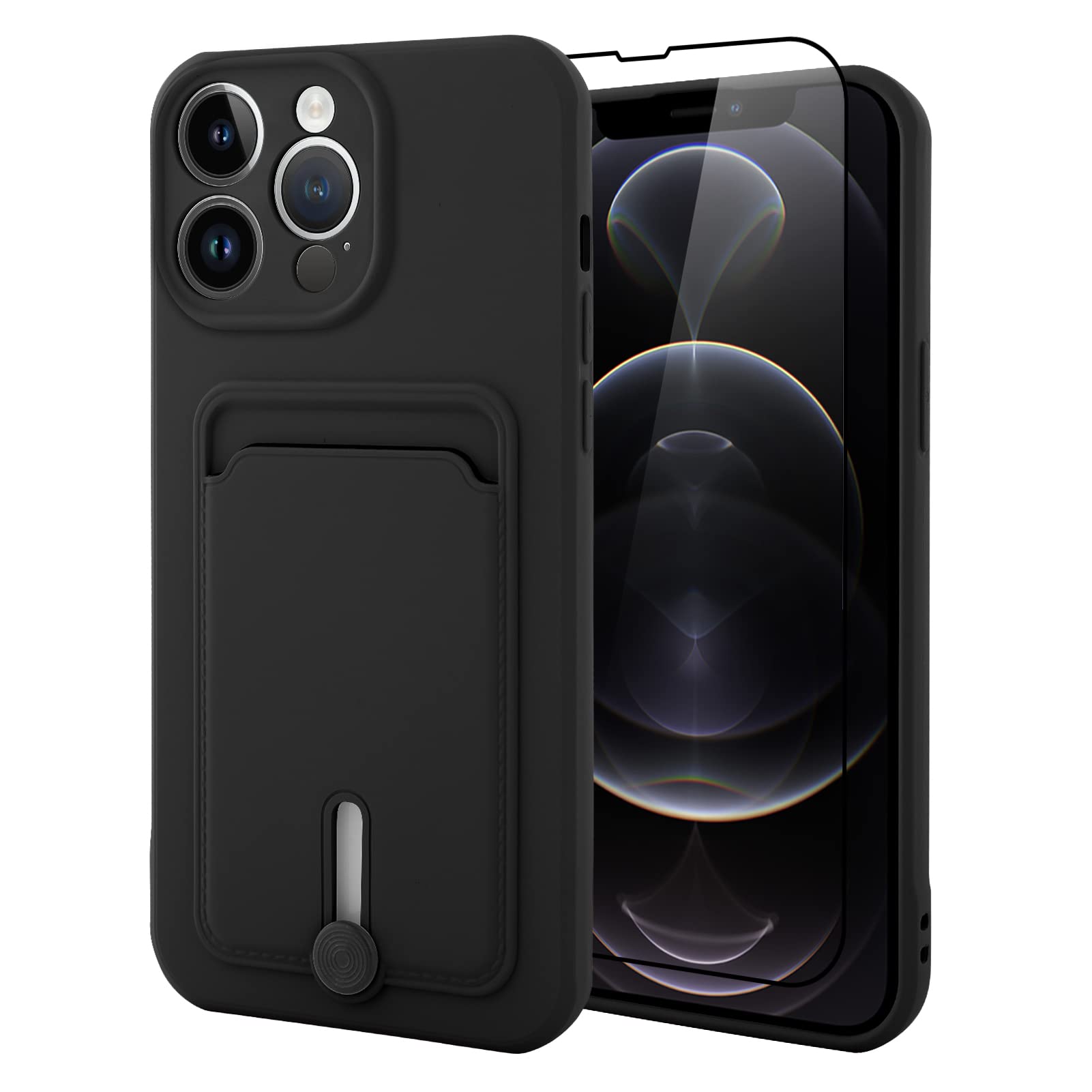 MZELQ TPU Wallet Compatible with iPhone 12 Pro Case, Card Holder Camera Protection Cover + Screen Protector, Push-able Card Slot Phone Case Girls Women -Black