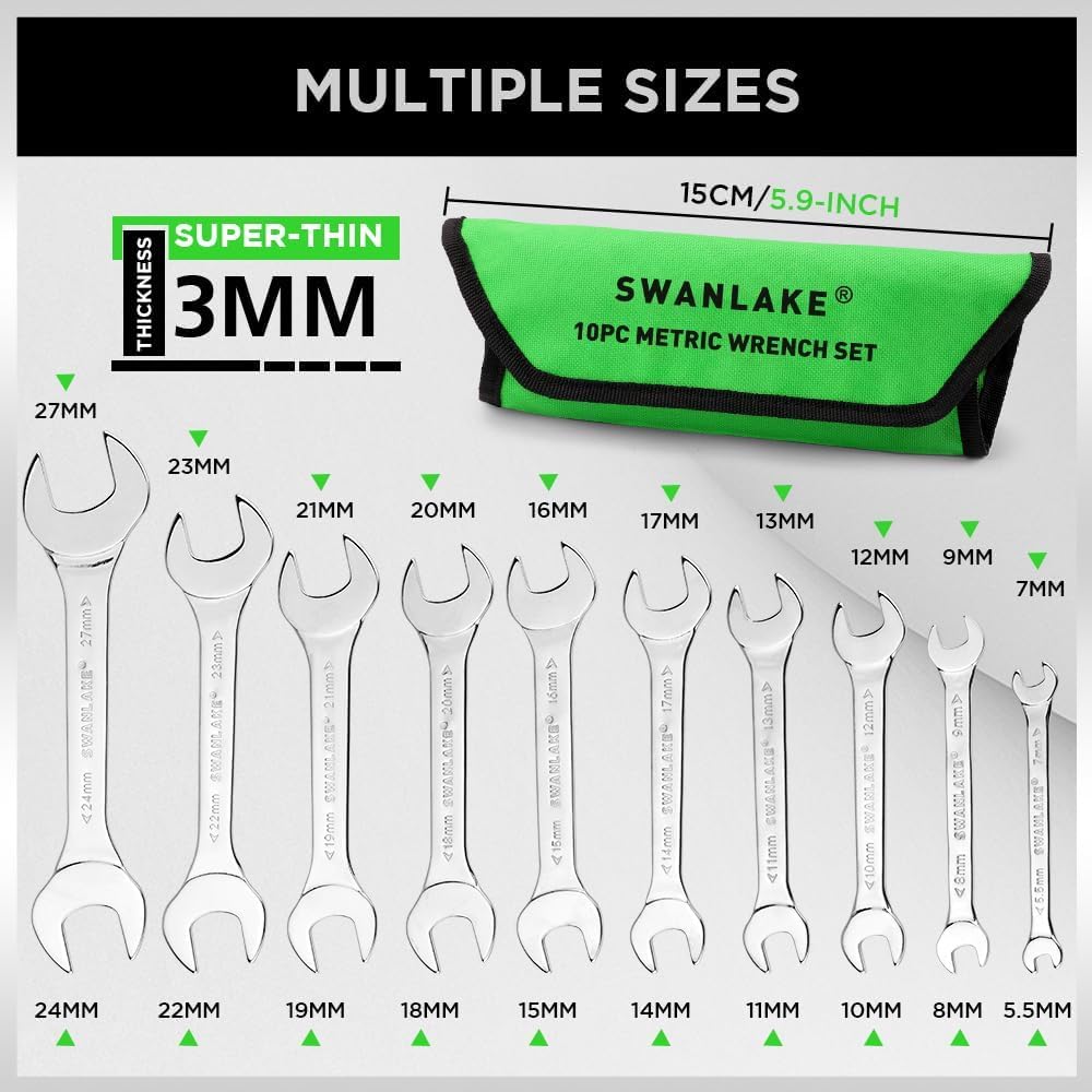 SWANLAKE 19Pcs Super-Thin Open End Spanner Set including Rolling Pouch, Carbon Steel SAE & Metric - Image 2
