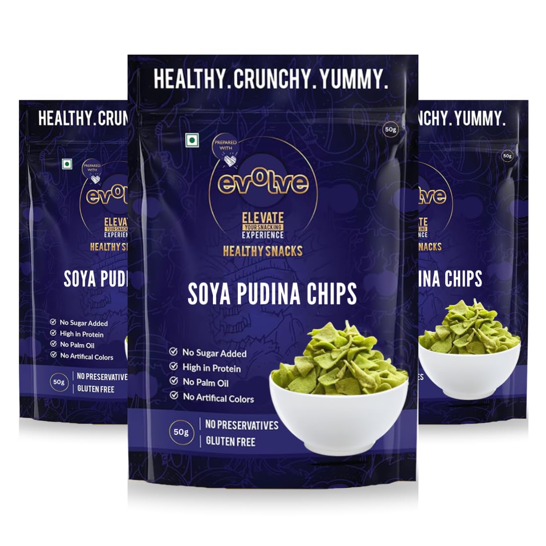 Evolve Soya Pudina Chips Healthy Snacks for Kids, Adults | Gluten Free, High Protein, Vacuum Cooked, No Preservatives, Delicious Crunchy Snack - 100g Pack of 3
