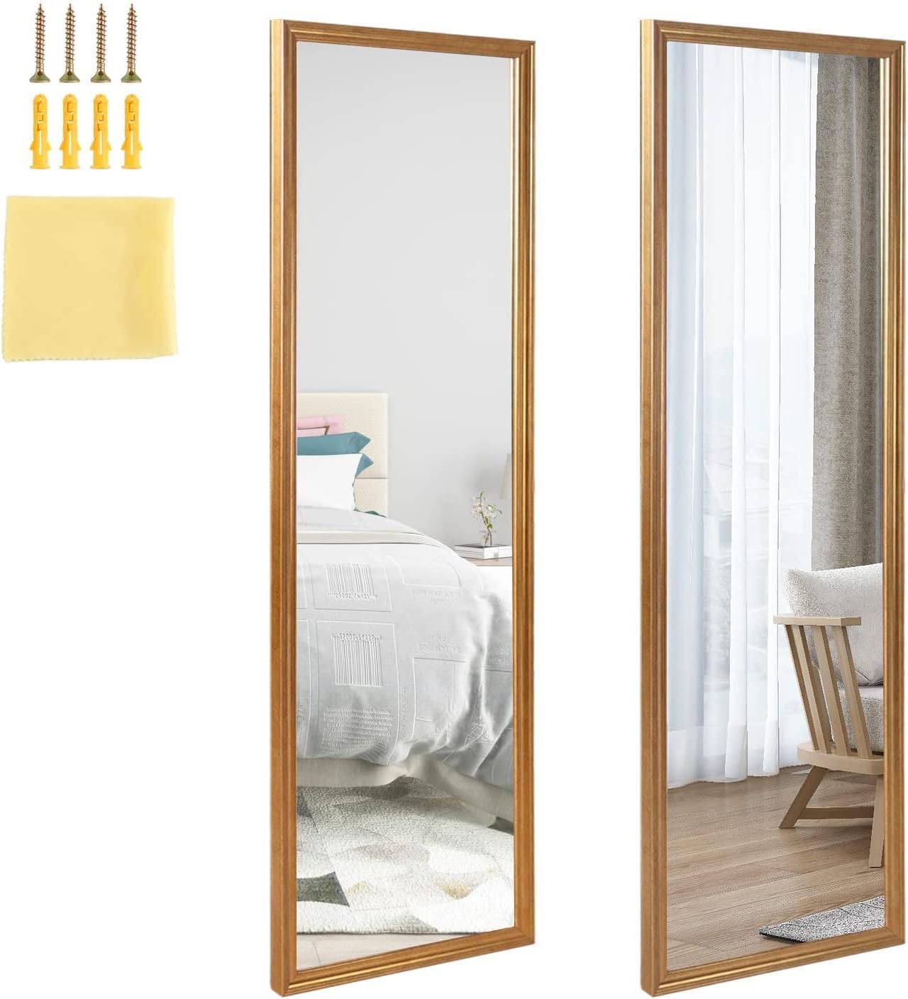 Calenzana 2 Pack 14x48 inch Gold Full Length Mirror for Wall Mounted and Over The Door Hanging, Long Body Mirrors for Bedroom Living Room Bathroom Closet, Explosion-Proof