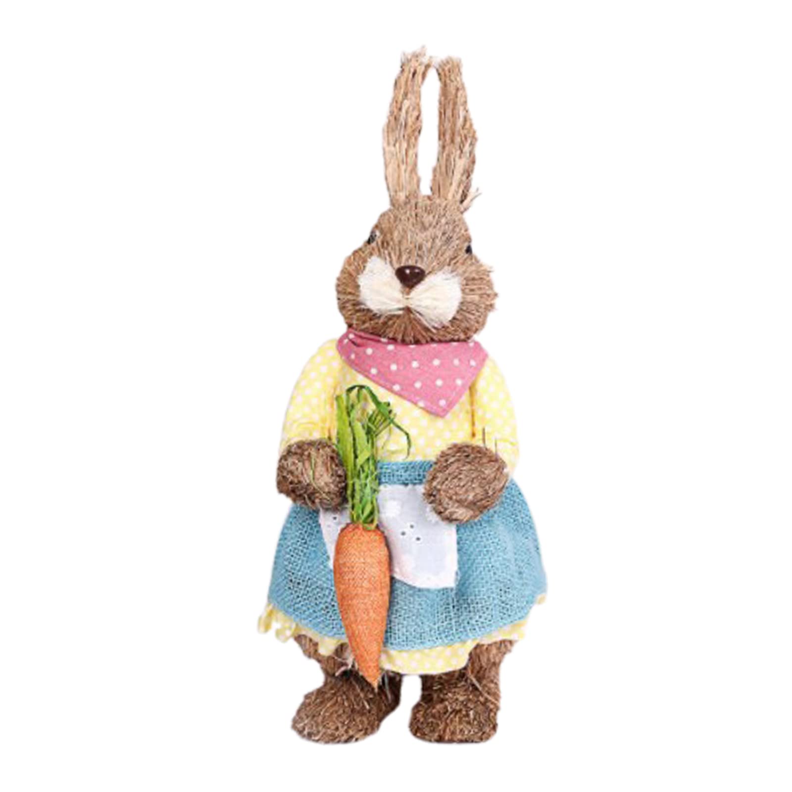 HANTURE Easter Simulation Straw Bunny Rabbit Ornament 17.7Inch Straw Woven Standing Bunny Figurine Holding Carrot Farmhouse Artificial Animal Statue for Easter Garden Home Decor, Yellow