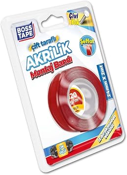 Boss Tape Seffaf Çift Tarafli Akrilik Montaj Bandi, 24 mm x 2 m, Kirmizi