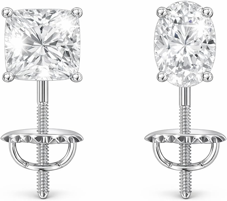 Valentine’s Day Moissanite Stud Earrings Gift Set | 1CT Cushion & Oval Cut Earrings | 14K White Gold Plated 925 Sterling Silver | Romantic Jewelry Gift for Her