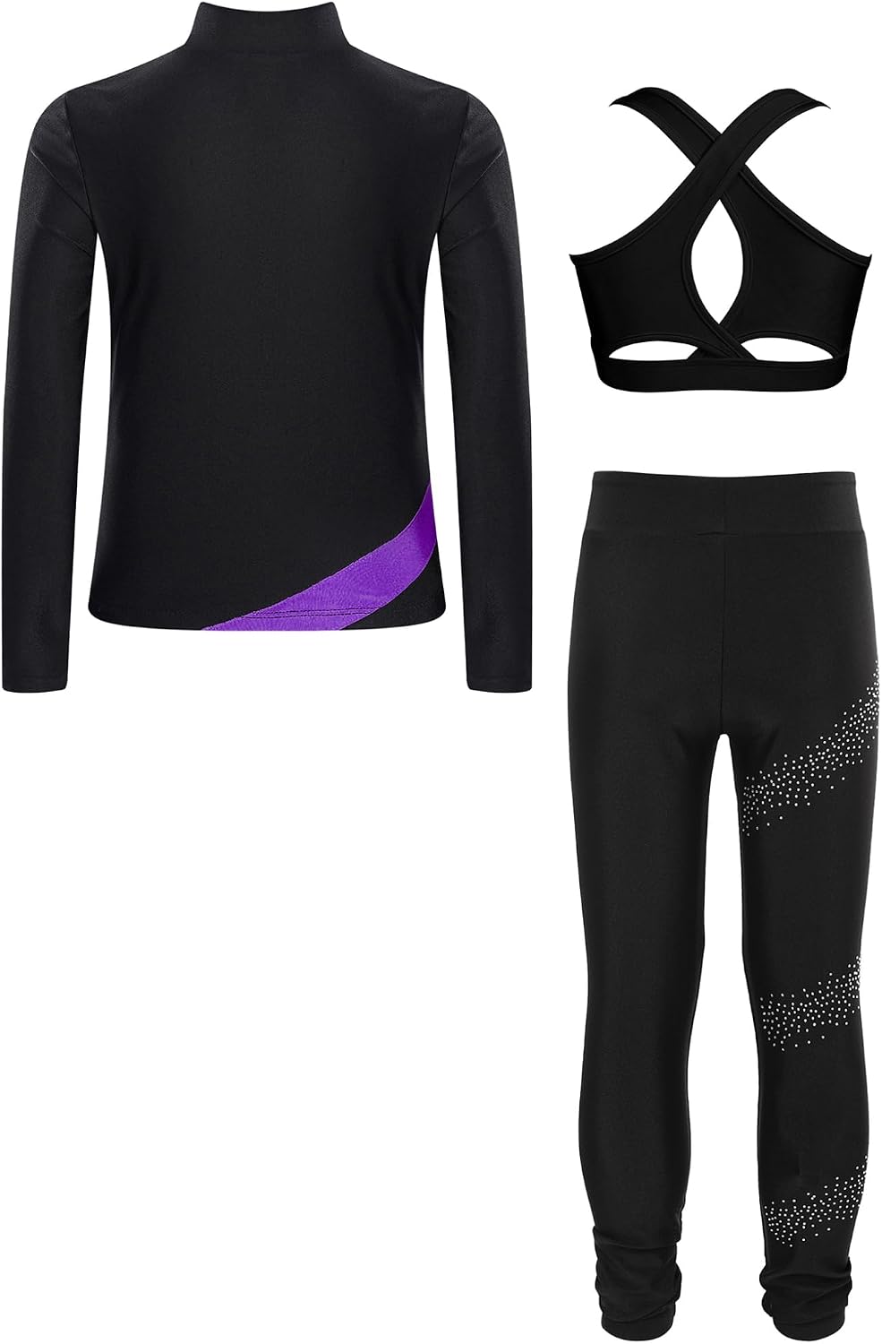 ACSUSS Kids Girls Figure Skating Jacket Spandex Zip Up Ice Skating Jacket with Shiny Leggings Pants and Vest