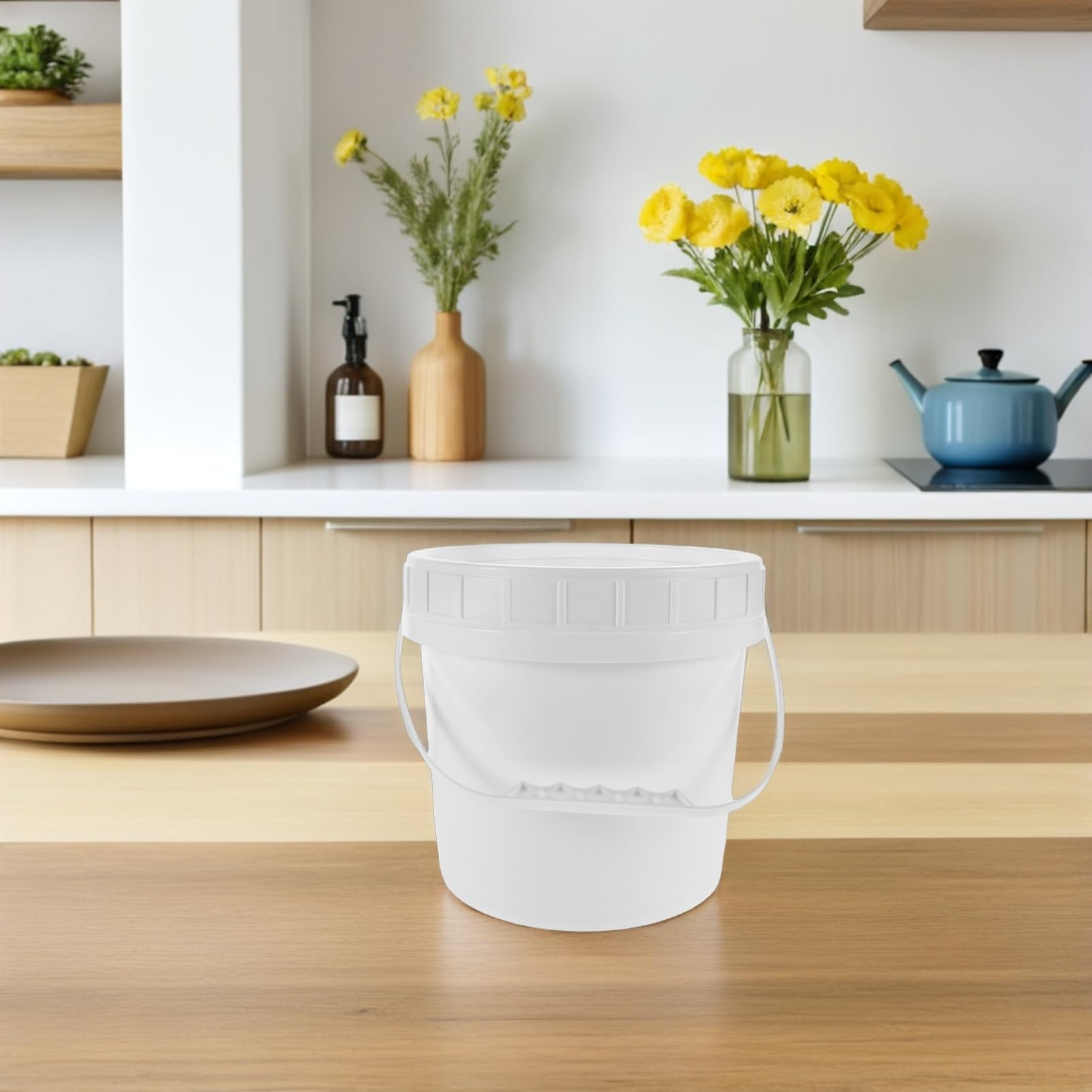 Alipis Cubo de Plástico Blanco de 5l con Tapa Hermética y Asa Reforzada para Almacenamiento de Ingredientes y Salsas en Cocinas Domésticas