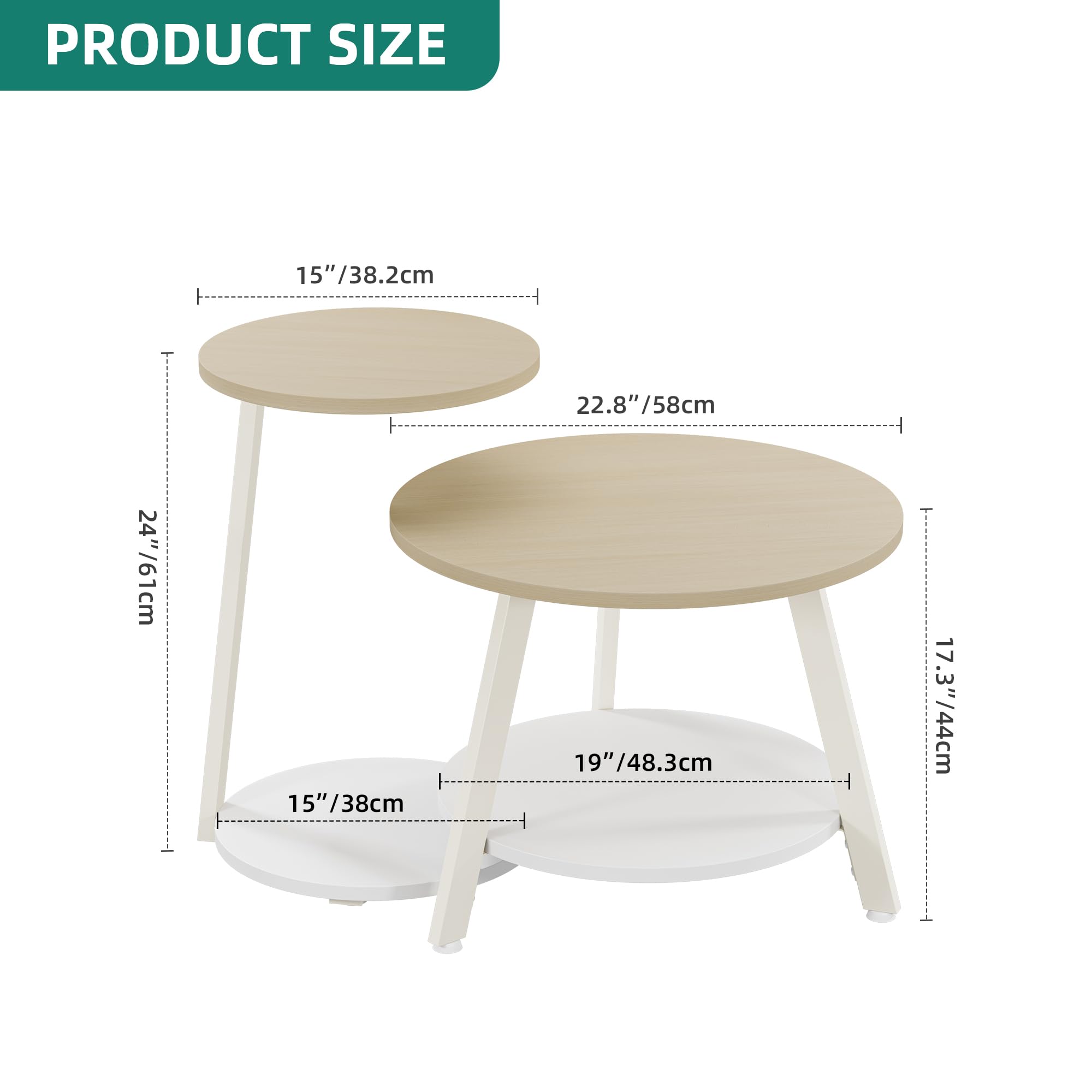 YITAHOME 2er Set Couchtisch Set Rund, Wohnzimmertisch mit Stauraum, Beistelltisch 2er Set Stapelbar mit Holzplatte und Metallrahmen, C-förmiger Beistelltisch, Couch Tisch Wohnzimmer, Eiche