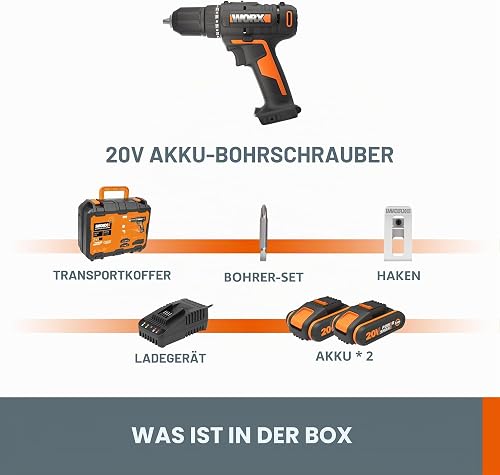WORX Cordless Drill 20V WX108, Max Torque of 40Nm, Chuck φ13mm, Ideal for Small Jobs, 2 Variable Speeds, Compact and Light, with 1 2Ah Battery and Fast Charger - 6
