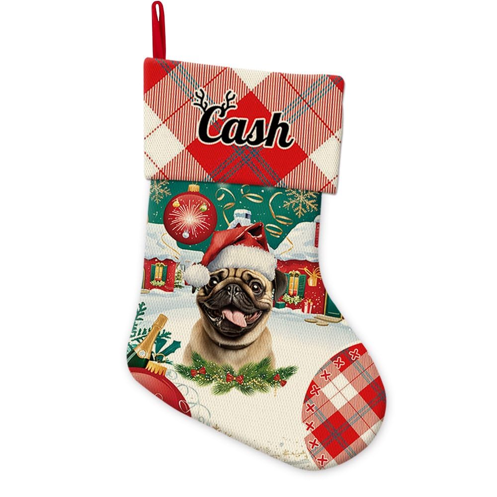 BAGEYOU Pug Dog in the Snow Decor Christmas Stocking Christmas Celebrating Customized Hanging Stockings for Home Party Decor 14.4"