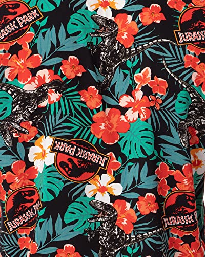 Jurassic Park Men's Velociraptor Dinosaur Dino Floral Hawaiian Button Up Shirt2