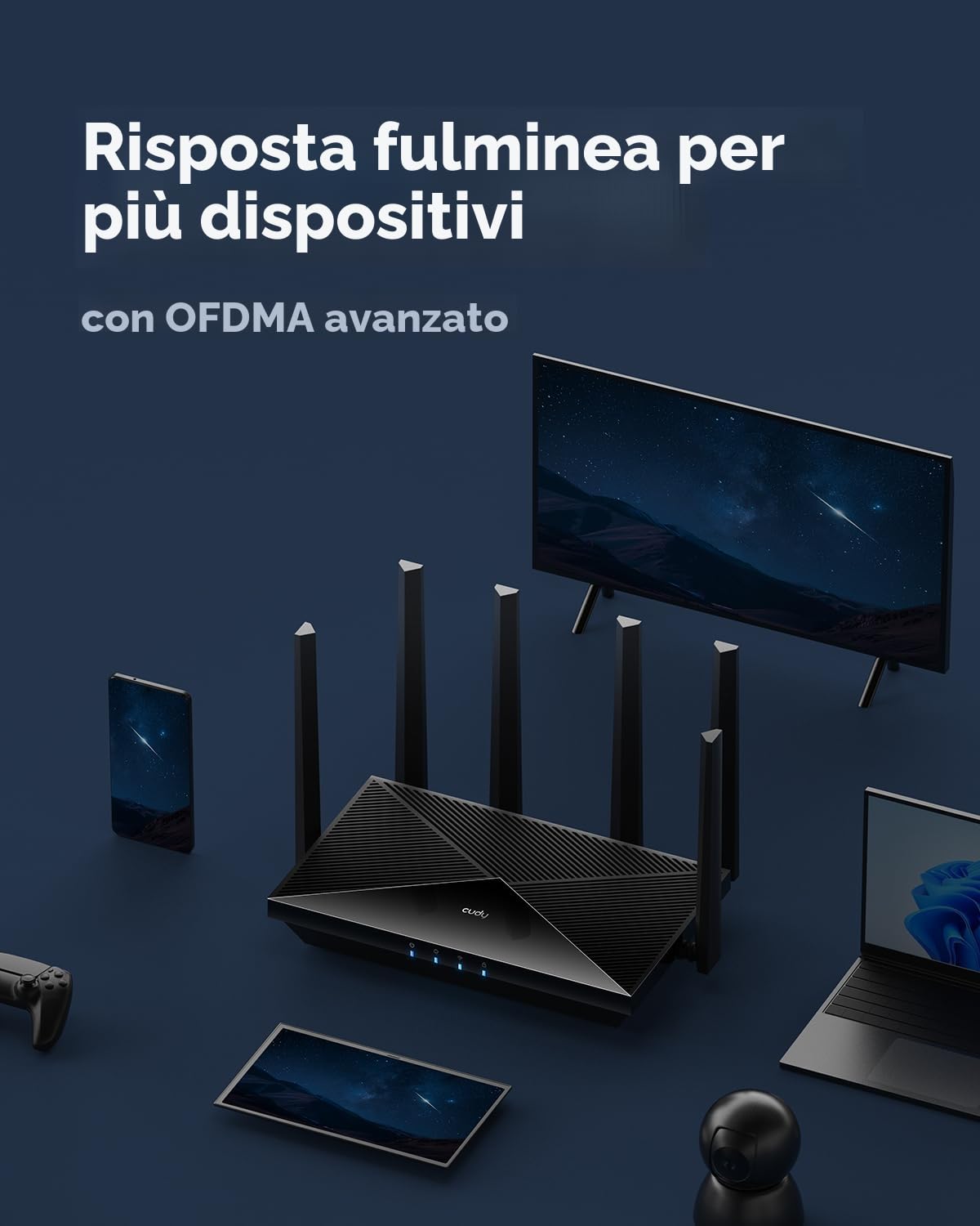 Router Cudy BE6500 WiFi 7 Dual Band Gigabit Gaming, 6500 Mbps, client e server VPN, compatibile con Cudy Mesh e APP, CPU Broadcom quad-core da 2 GHz, WR6500