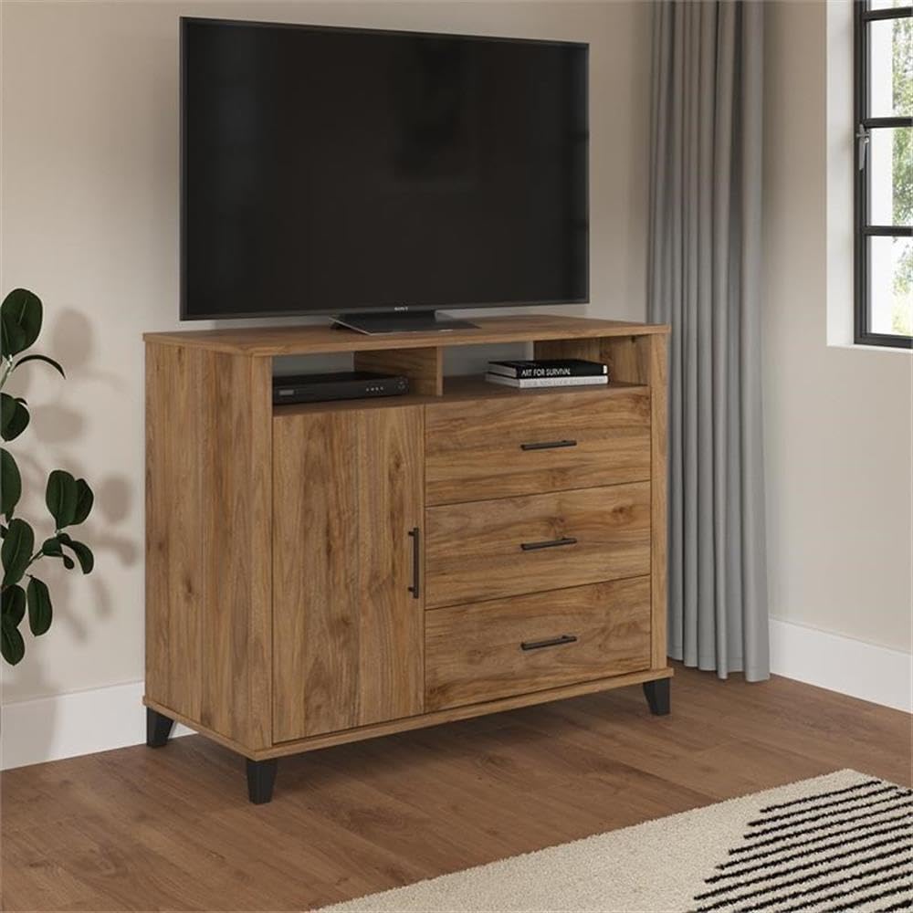 Pemberly Row 3 Drawer Dresser TV Stand, 48W x 21D x 39H, Engineered Wood, Fresh Walnut Finish, Open-Safe Drawers, Adjustable Shelf, Media Chest for Bedroom or Living Room