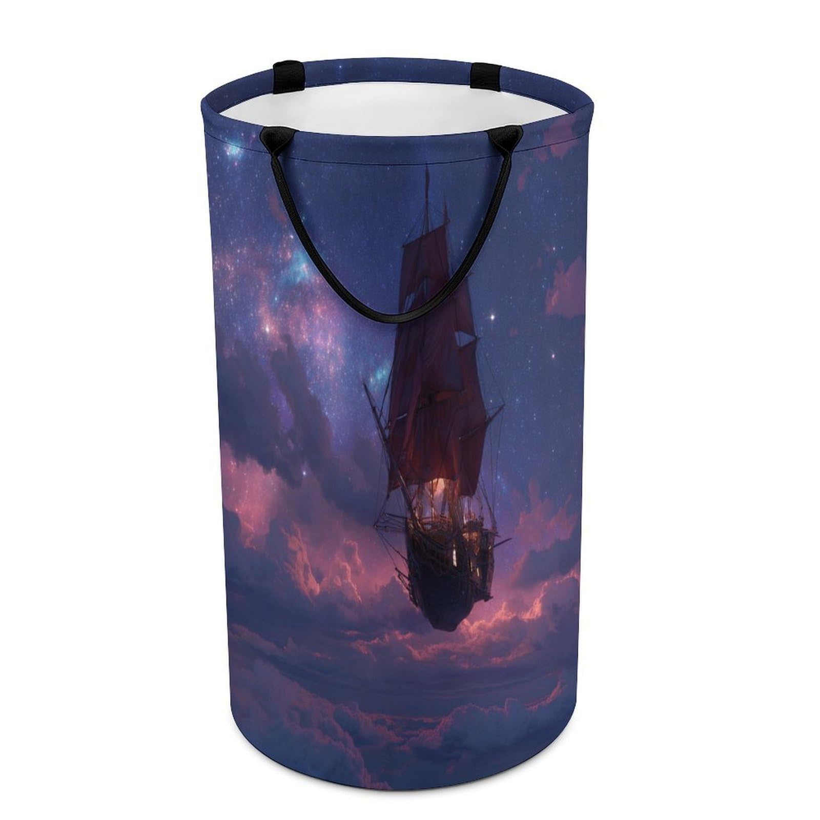 LUYYSKY Funny Realistic Pirate Ship Collapsible Dirty Clothes Basket, Cool Modern Art Starry Sky Galaxy Cloud Pattern Portable Clothes Storage Laundry Basket-40 CM Dia, 69 CM High