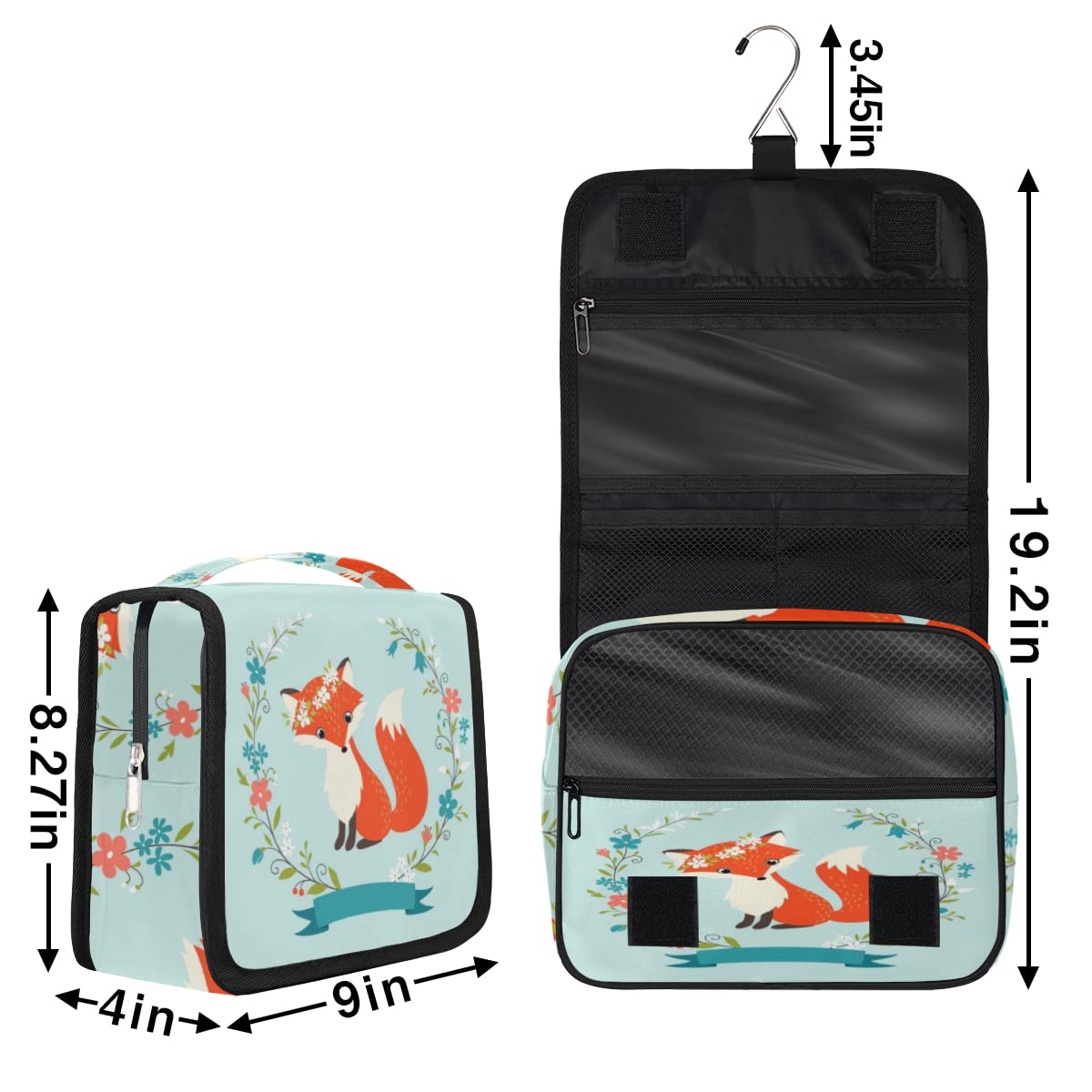 Kulturbeutel mit Fuchs-Blumen-Motiv, Unisex, hängende Toilettenartikel, Kosmetik, Make-up-Organizer