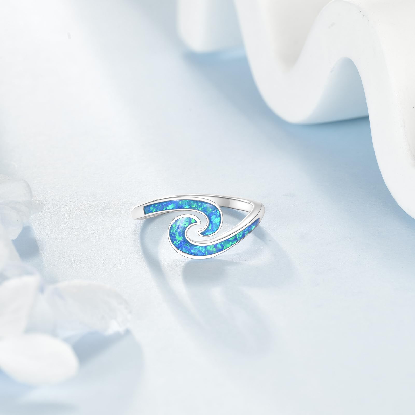 URONE Wave Ring 925 Sterling Silver Blue Opal Ocean Wave Rings Sea Beach Jewellery Gifts for Women