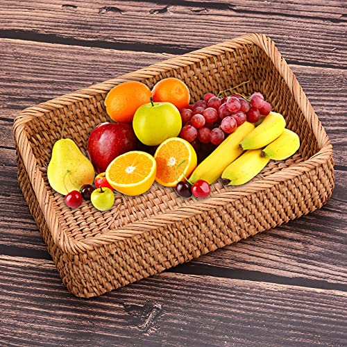 jeerbly Rechteckiger handgefertigter Rattankorb aus geflochtenem Rattan, Obst- und Brottablett, tragbare und einfache Picknick-Aufbewahrungsbox, Küchenartikel und Dekoration