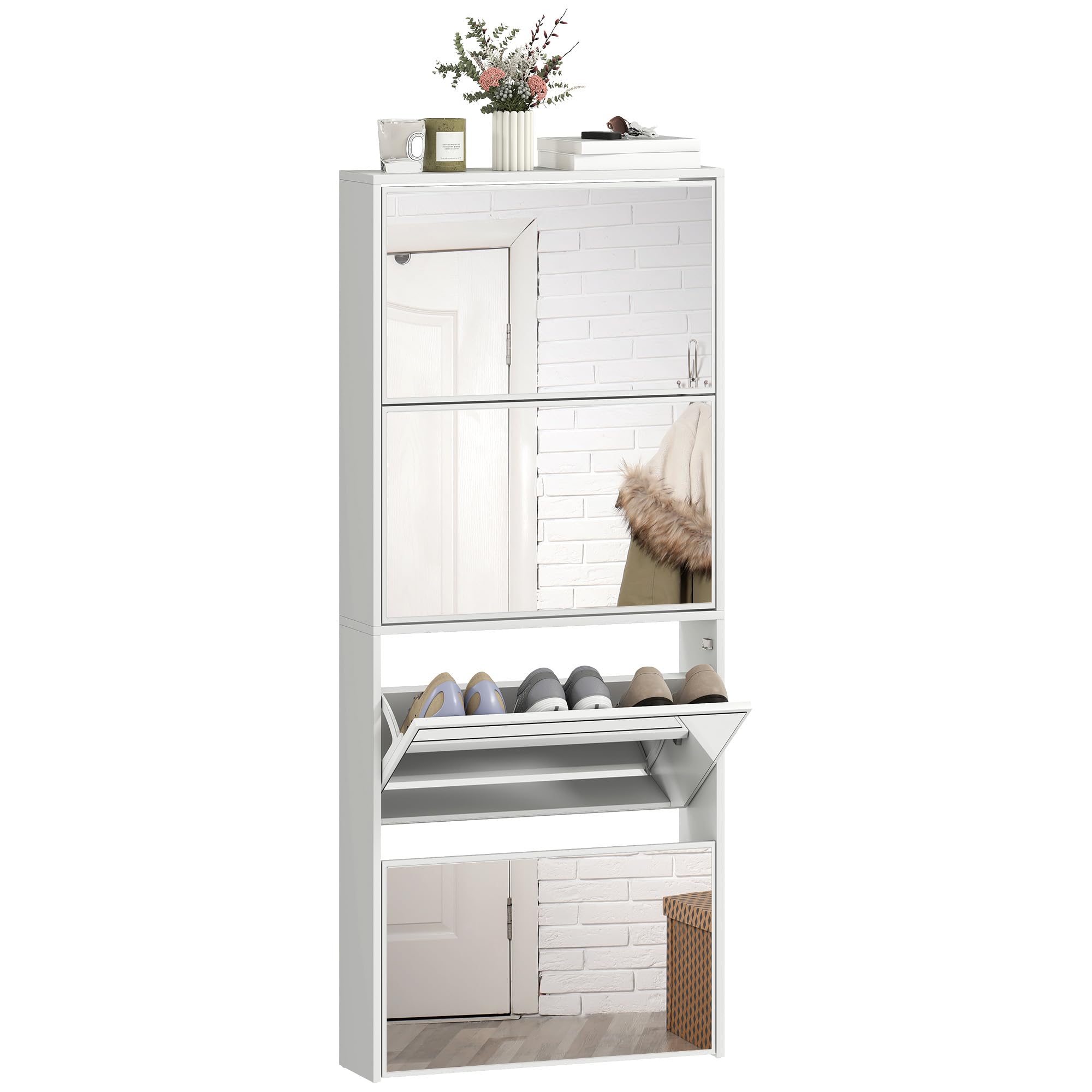 HOMCOM Scarpiera Salvaspazio Slim con Maniglia, per 12 Paia, Bianco | 4 Ante a Ribalta a Specchio, Scarpiera Ingresso, Piano Superiore, Porta Scarpe, 63x17x146 cm,