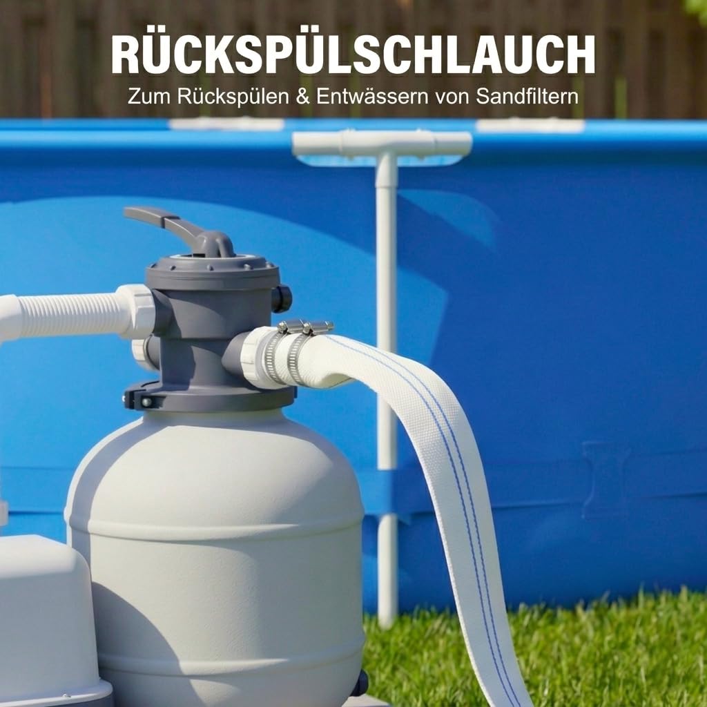 Gewebeschlauch Flachschlauch 38 mm x 20 m, Pumpenschlauch mit Schlauchschellen, Abwasserschlauch Industrieschlauch Ablaufschlauch für Schwimmbecken Filter Teich Garten Tauchpumpen
