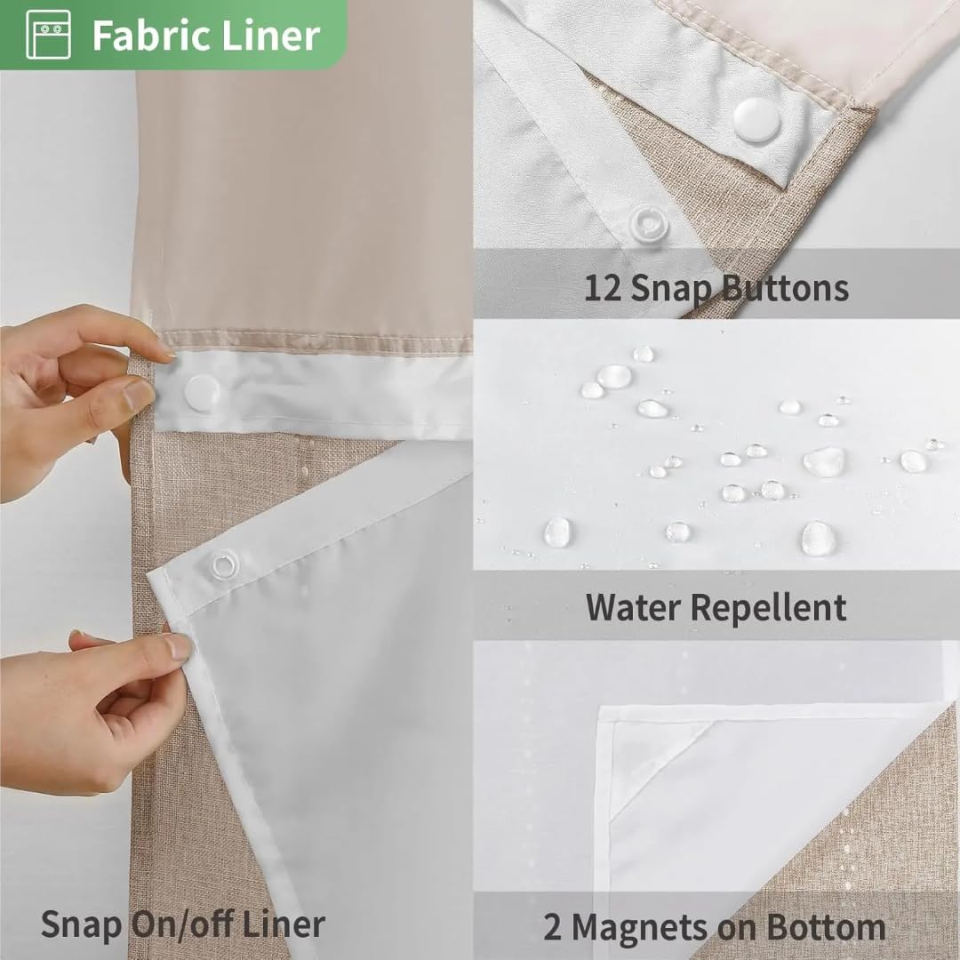 Maisonna Hookless Linen Shower Curtain Set with Snap-in Liner, No Hook Fabric Shower Curtain, Farmhouse Bathroom Curtain with Sheer Top Window, Machine Washable Beige 72x74 - 2